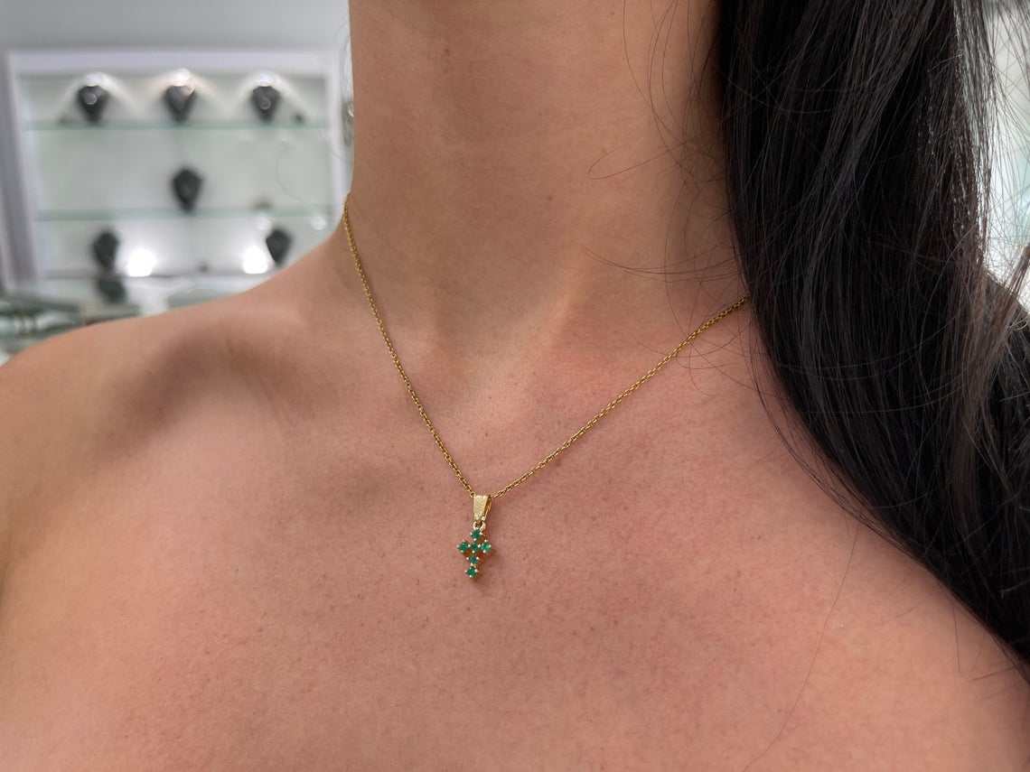 0.24tcw Mini Round Earth Mined Emerald Petite Prong Cross 18K