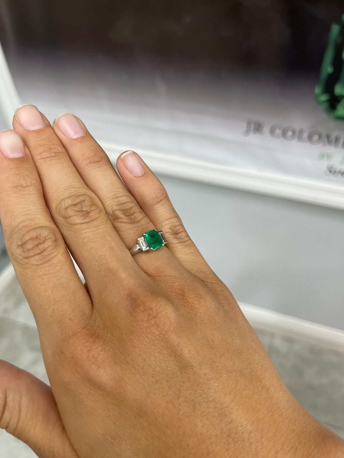 1.72tcw Elegant Three Stone Baguette Diamond & Emerald Ring 14K