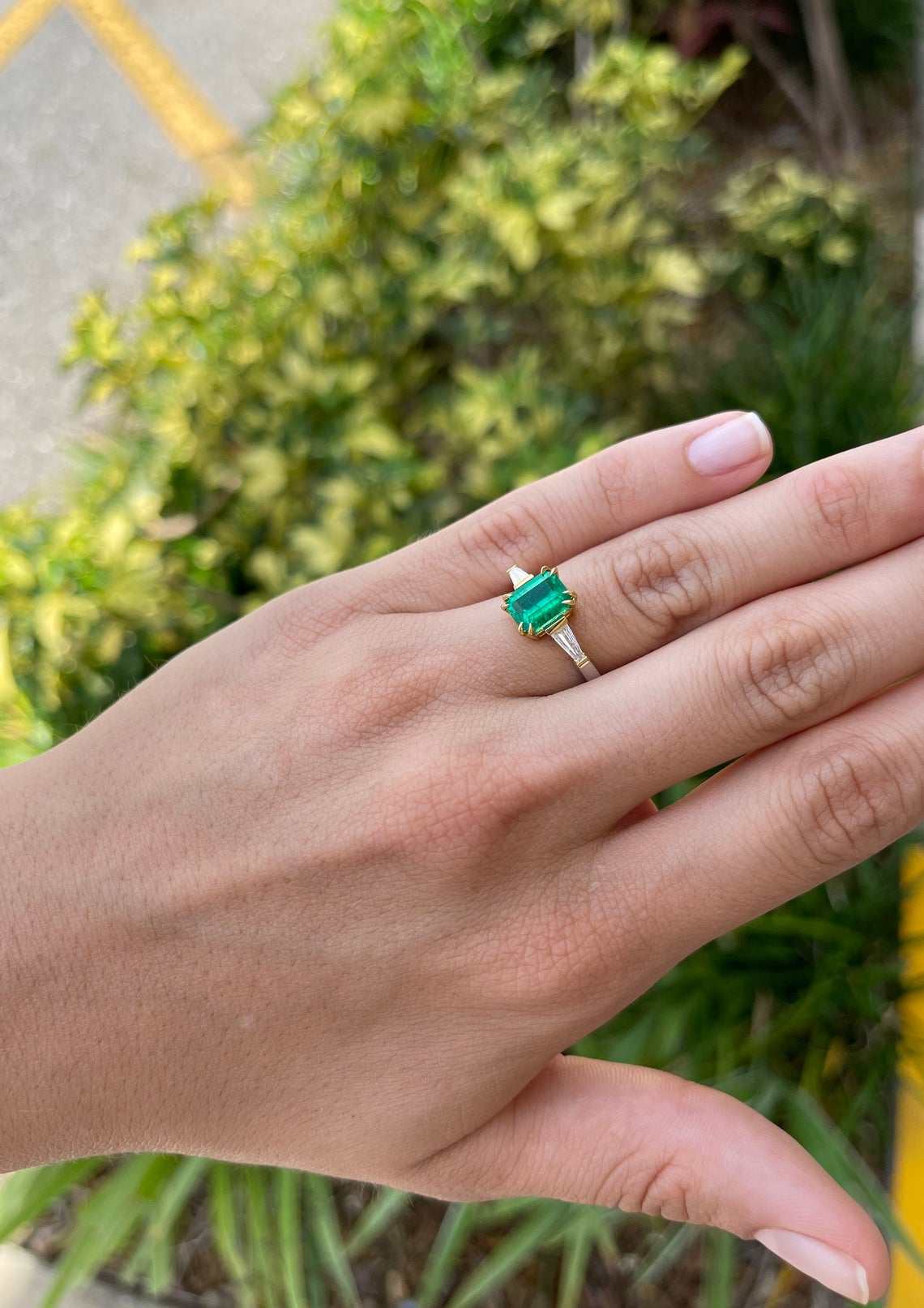 2.17tcw AAA+ AGL Insignificant Oil 18K Colombian Emerald Cut & Tappered Baguette Diamond Ring