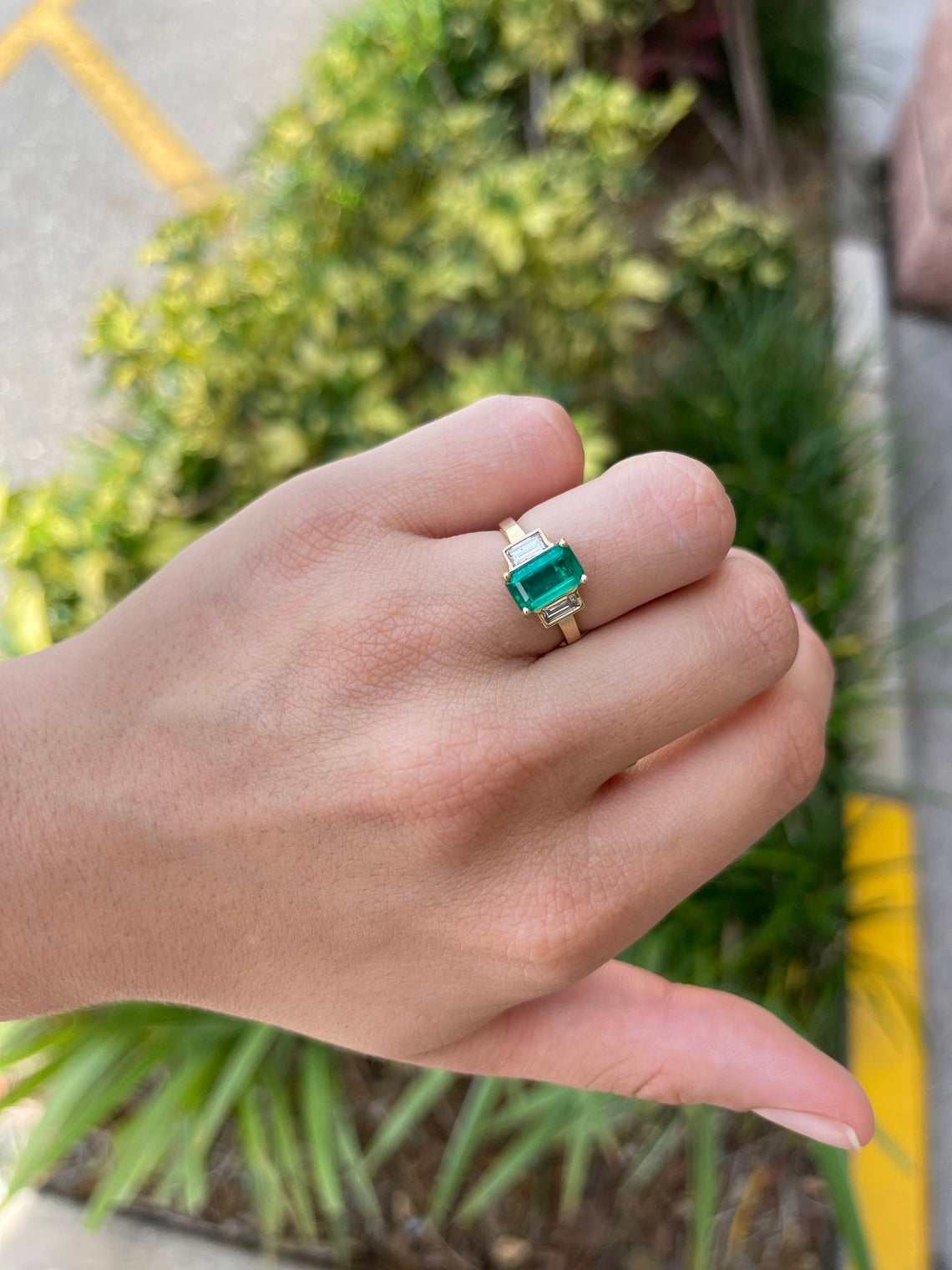 2.15tcw 18K Three Stone Emerald Cut Emerald & Diamond Ring