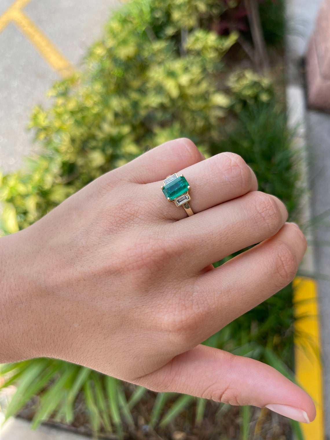 2.15tcw 18K Three Stone Emerald Cut Emerald & Diamond Ring