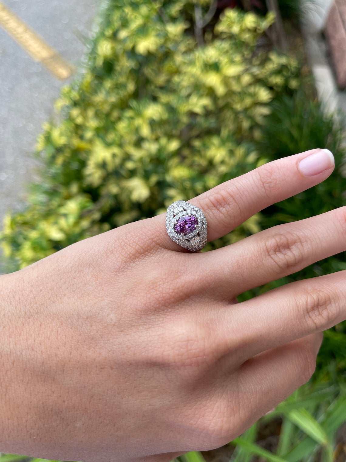 3.05tcw Vivid Pink Oval Sapphire & Diamond Halo Ring 14K