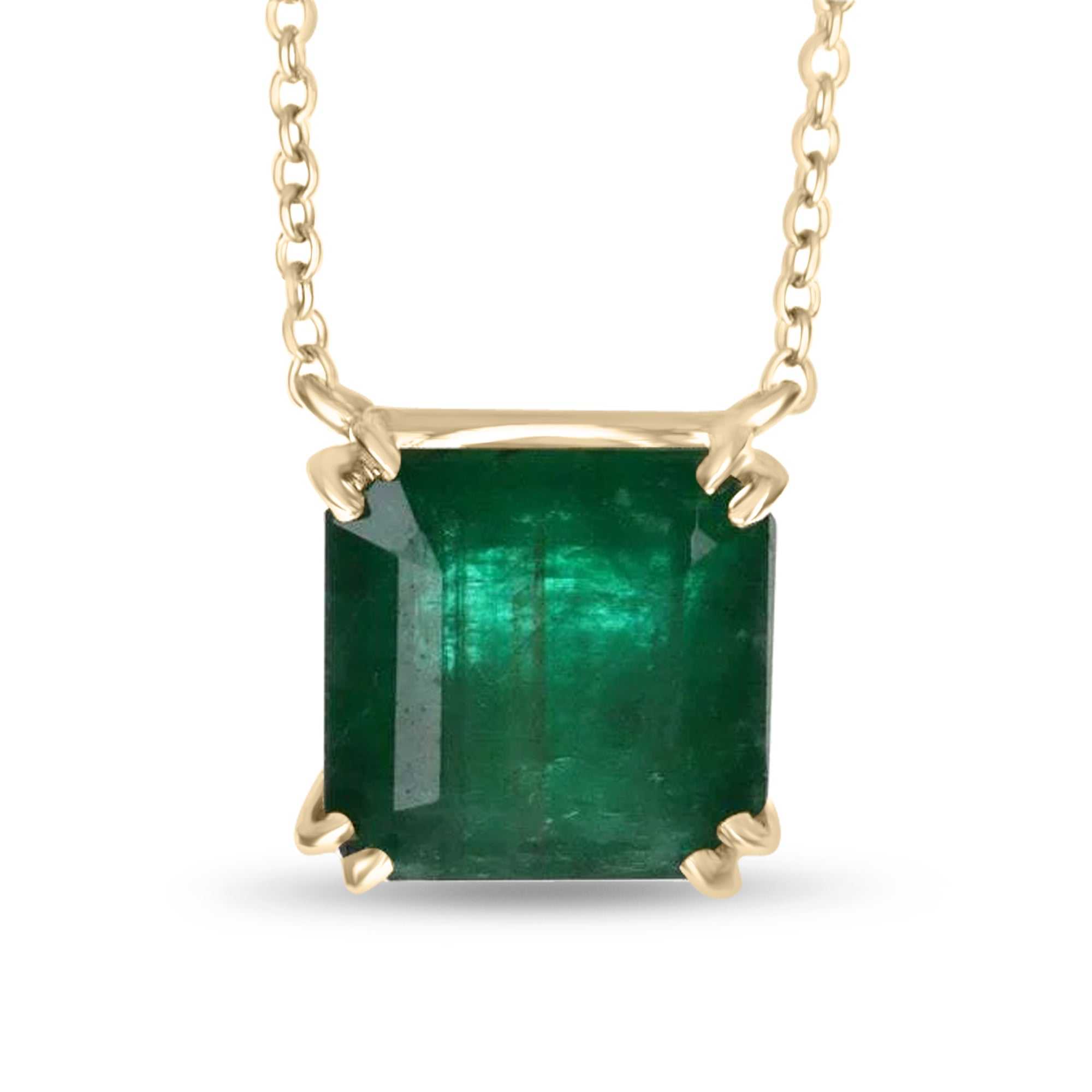 3.10 Carat Rich Dark Green Solitaire Asscher Cut Stationary Necklace 14K - JR Colombian Emeralds