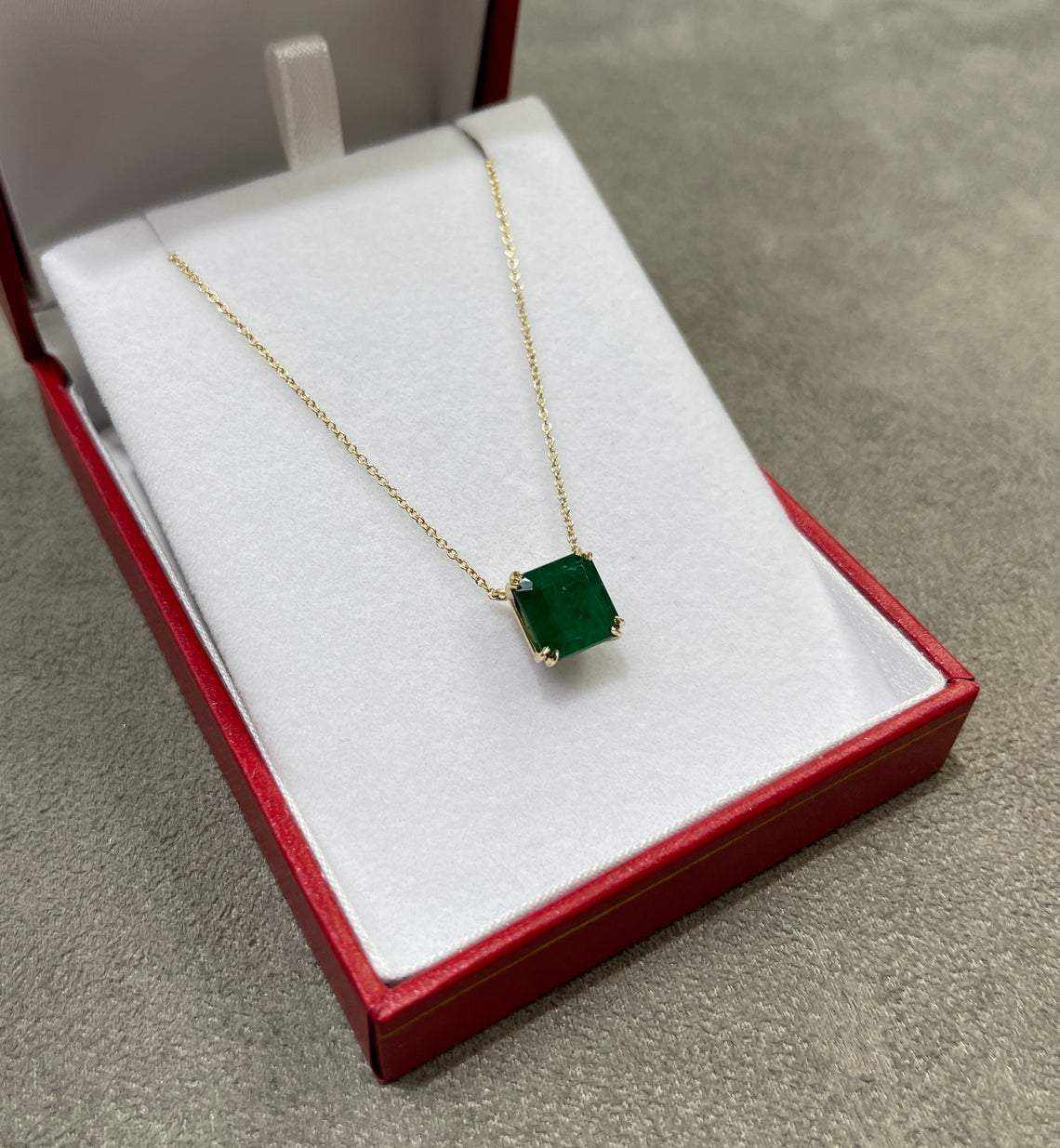 3.10 Carat Rich Dark Green Solitaire Asscher Cut Stationary Necklace 14K