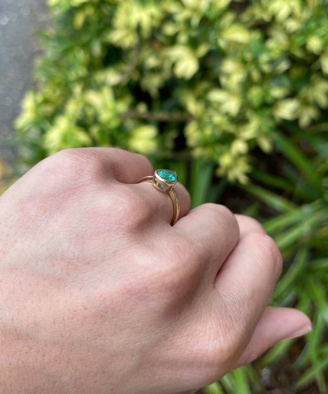 1.83tcw Rich Medium Sea Green Teardrop Pear Emerald Bezel Solitaire Ring 14K - JR Colombian Emeralds