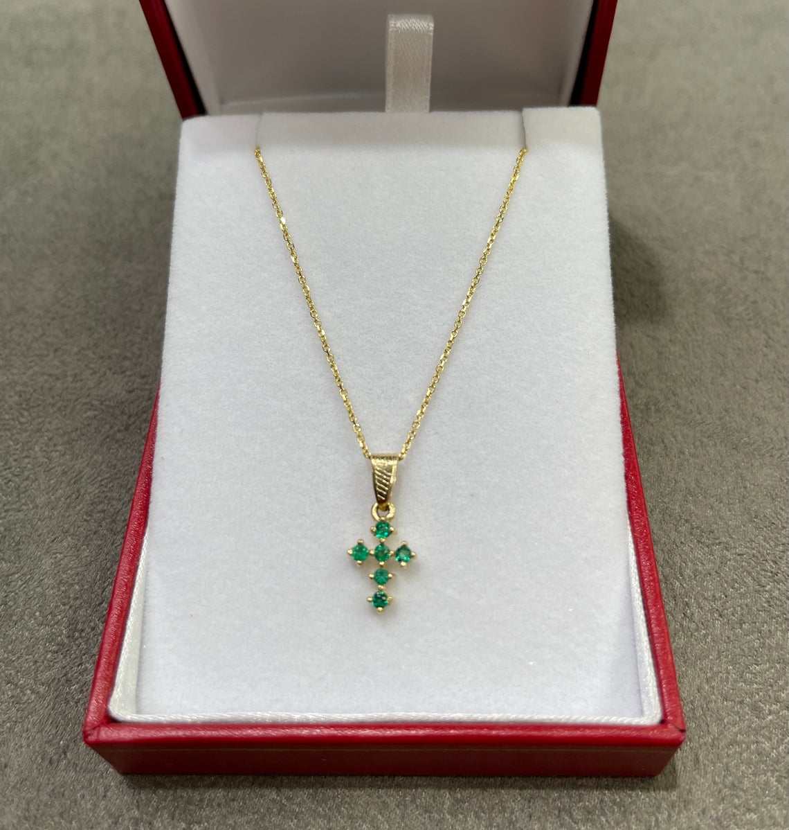 0.24tcw Mini Round Earth Mined Emerald Petite Prong Cross 18K