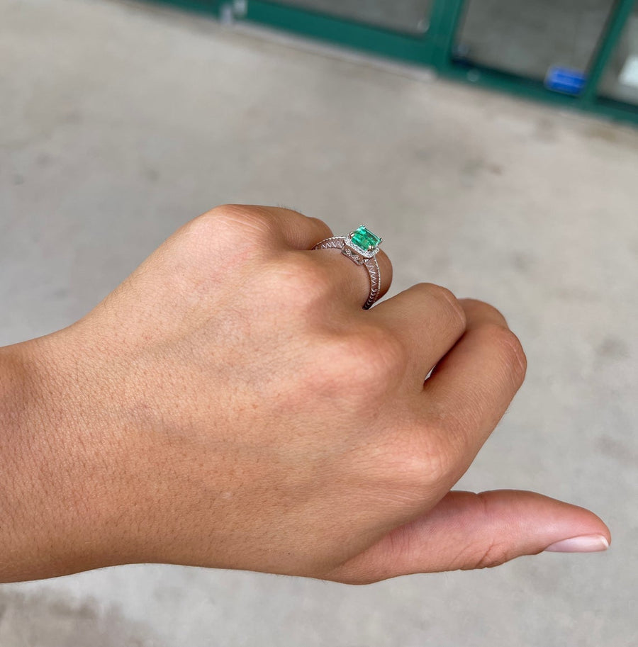 Celebrate Brilliance: 14K Gold Ring Featuring 1.58tcw Bluish Green Emerald & Diamond Halo Pave