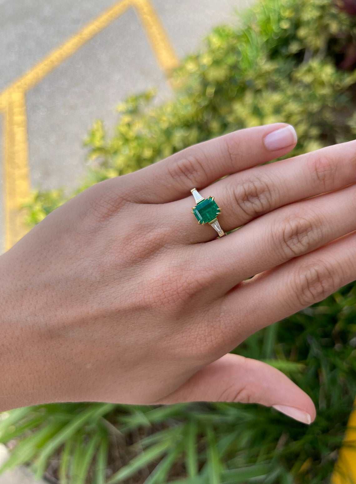 2.17tcw AAA+ AGL Insignificant Oil 18K Colombian Emerald Cut & Tappered Baguette Diamond Ring