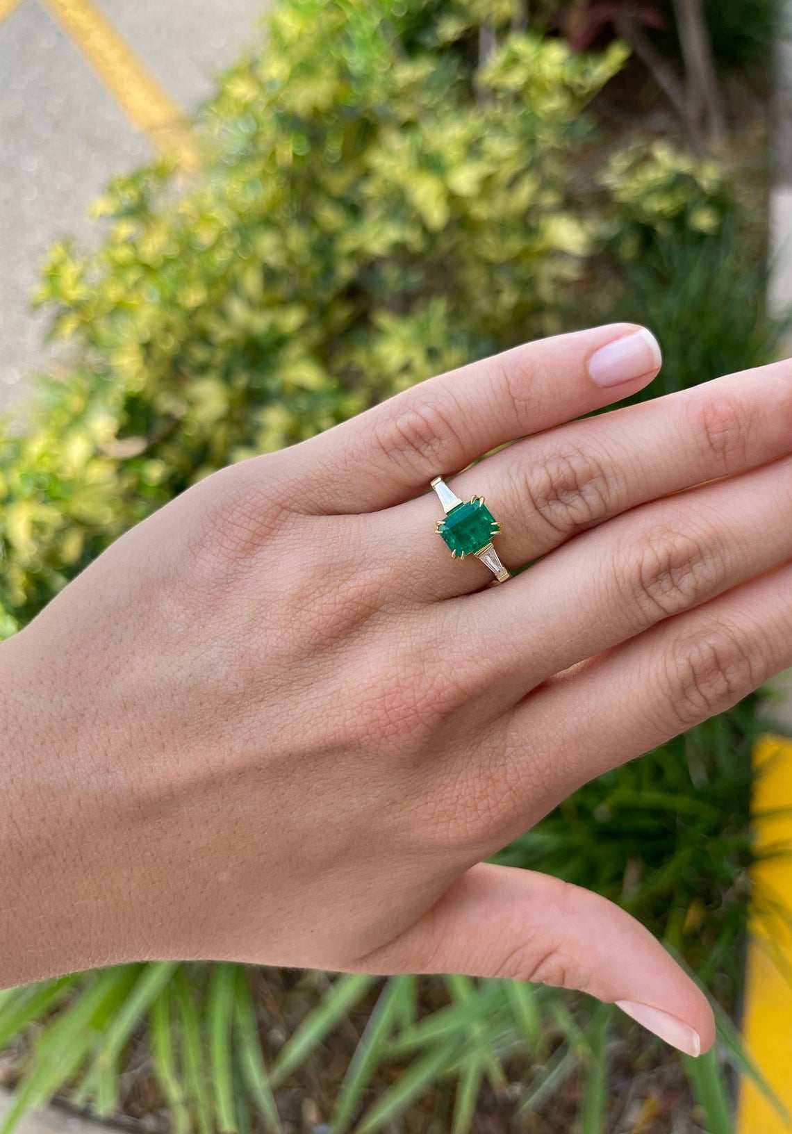 2.17tcw AAA+ AGL Insignificant Oil 18K Colombian Emerald Cut & Tappered Baguette Diamond Ring