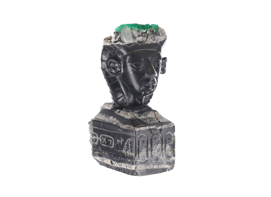 Egyptian Sculpture Crafted from Rough Crystal with Colombian Emerald