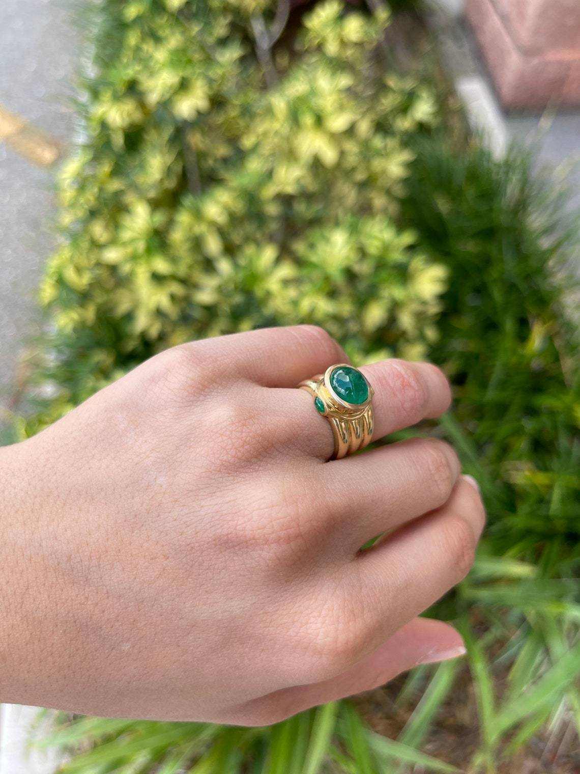 3.87tcw Natural Emerald Cabochon Three Stone Mens Ring 14K