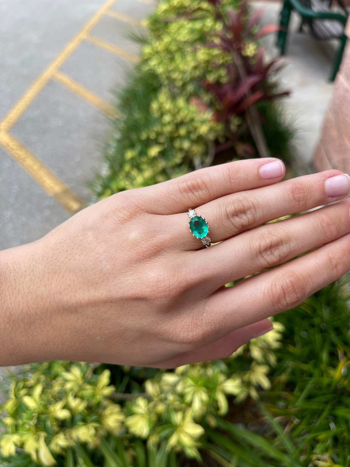 2.60tcw Vintage Three Stone Oval Emerald & Diamond Ring 14K