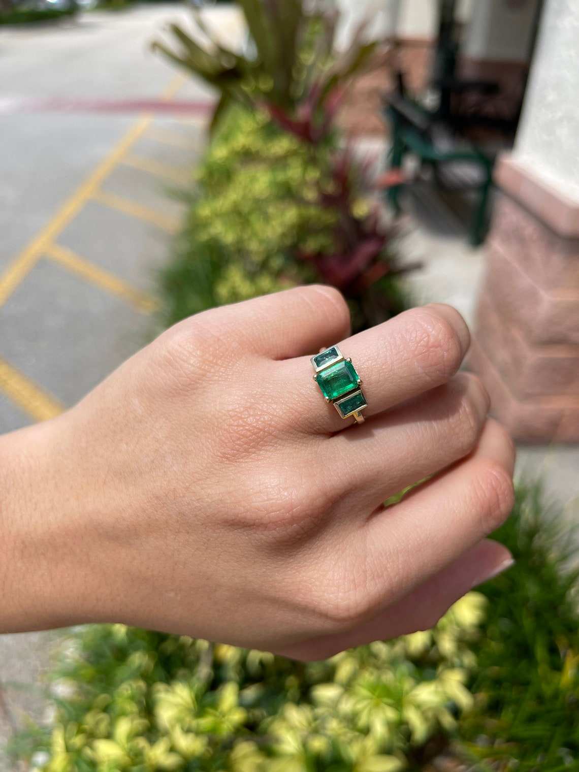 2.65tcw Dark Rich Green Emerald and Emerald Accent Gold Prong & Bezel Ring 14K