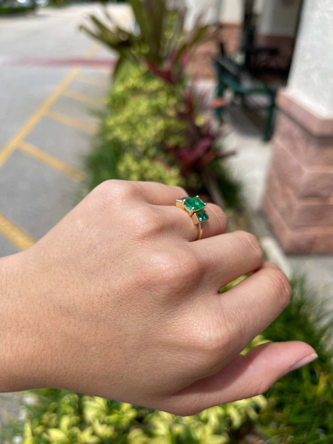 2.65tcw 14K Three Stone Dark Rich Green Emerald and Emerald Accent Gold Prong & Bezel Ring
