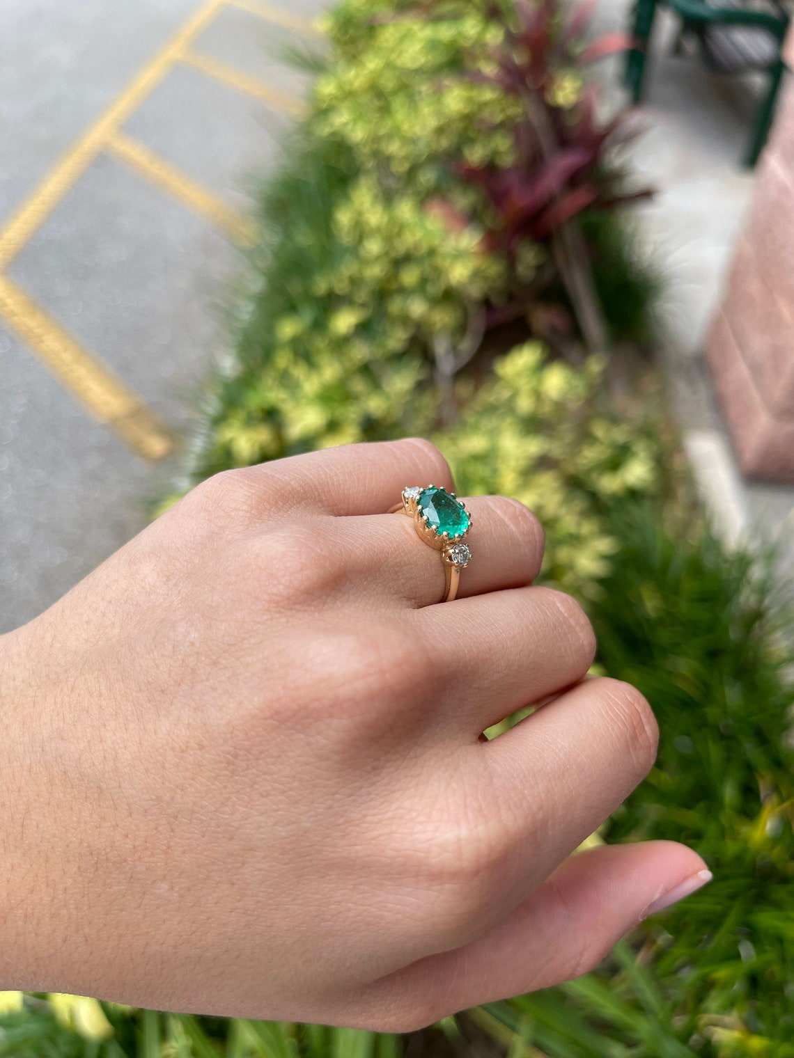 2.60tcw Vintage Three Stone Oval Emerald & Diamond Ring 14K