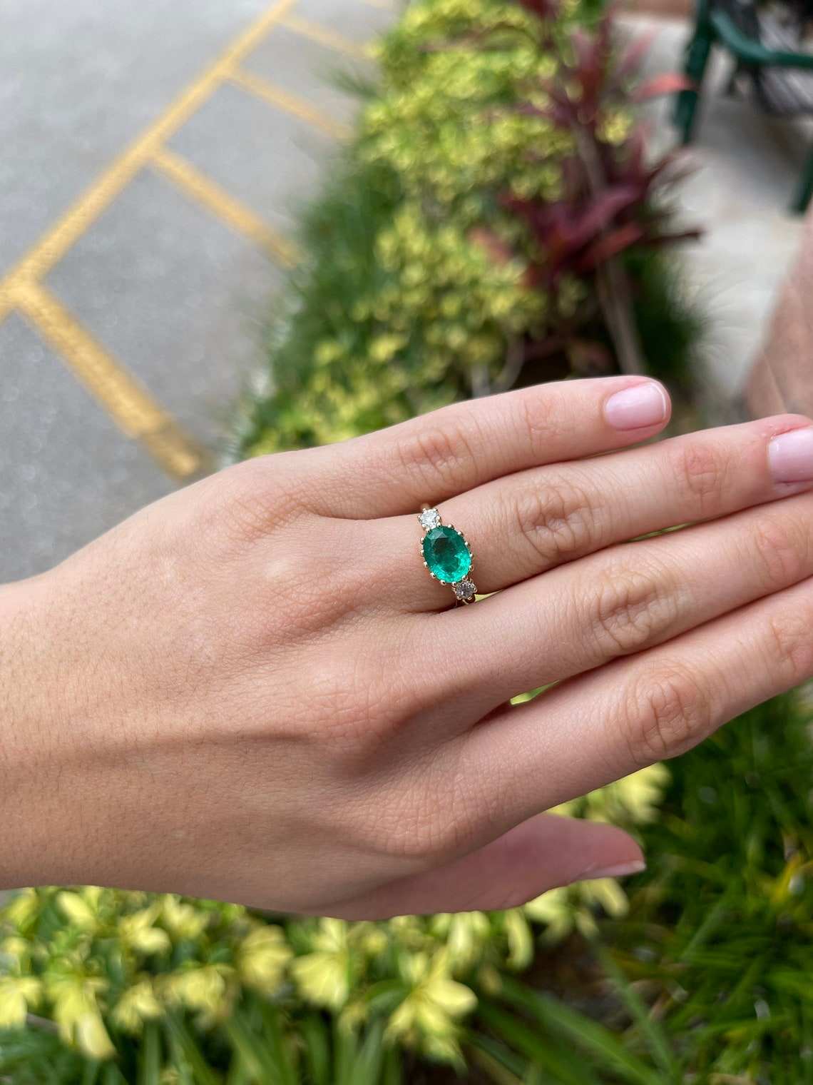 2.60tcw Vintage Three Stone Oval Emerald & Diamond Ring 14K