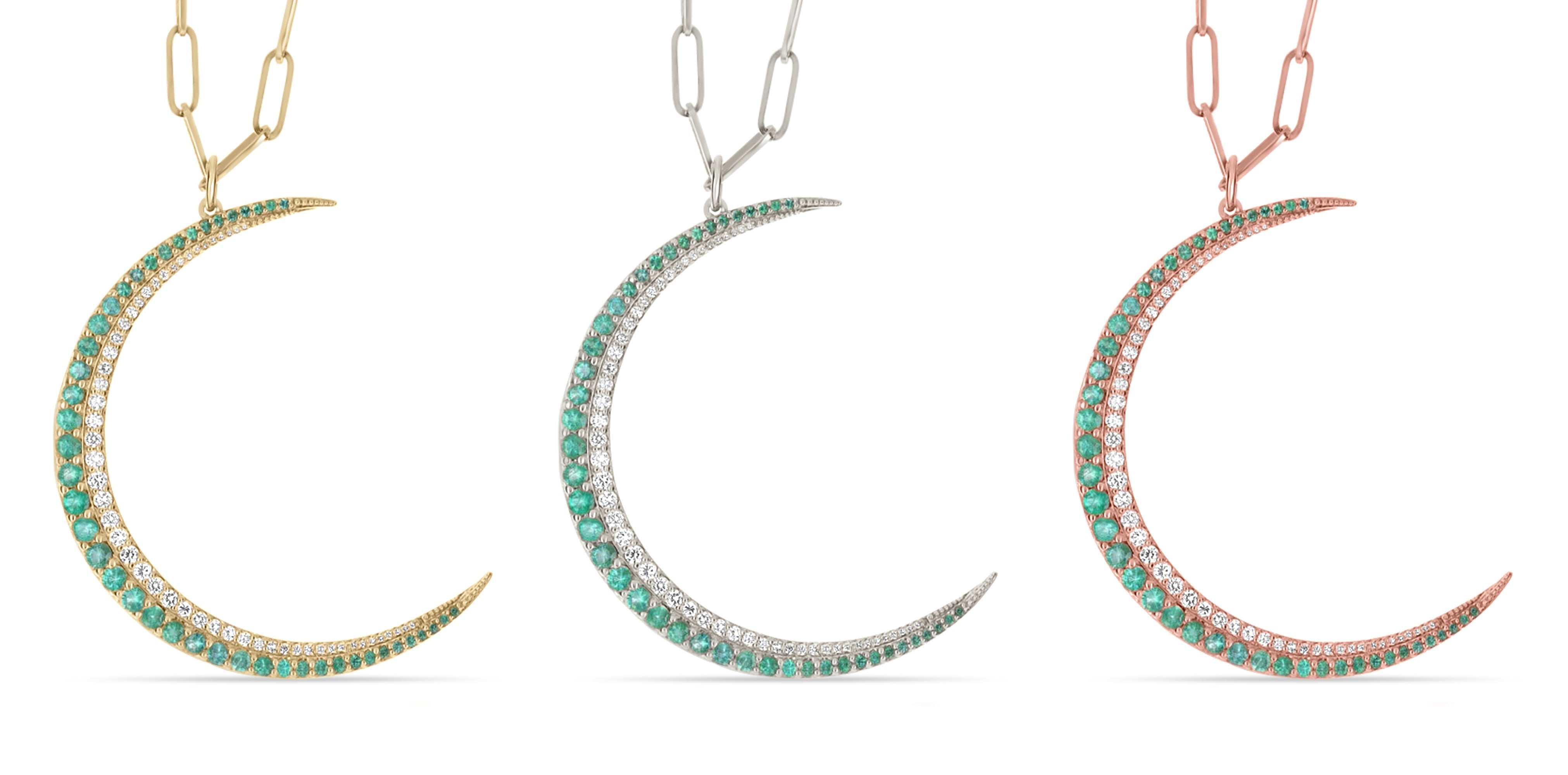 2.31tcw Round Emerald & Diamond Crescent Half Moon Pendant 14K - JR Colombian Emeralds