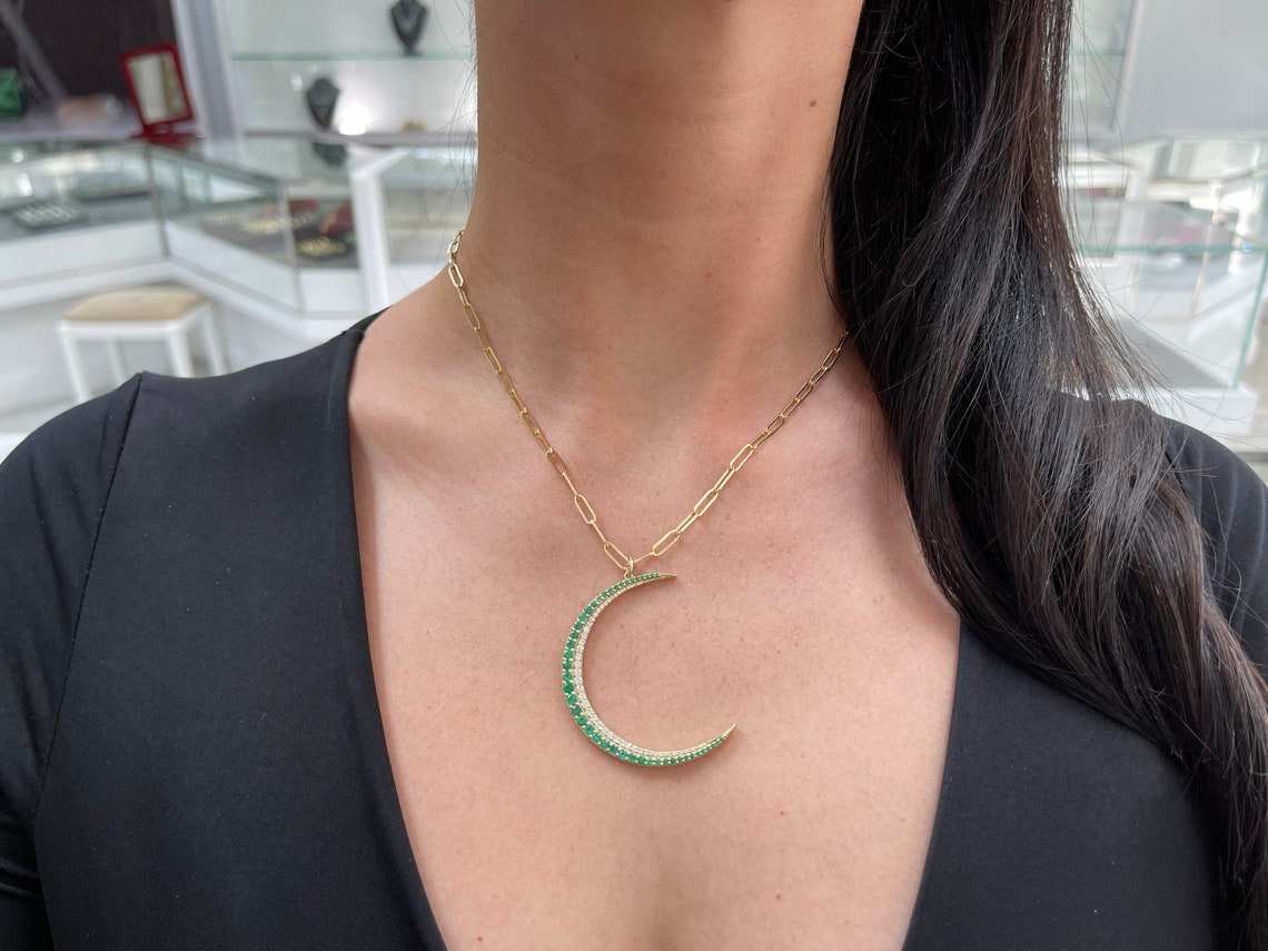 2.31tcw Round Emerald & Diamond Crescent Half Moon Pendant 14K