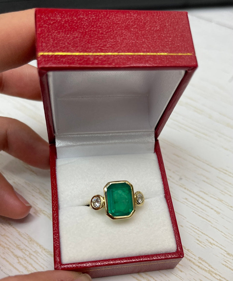 4.16tcw Three Stone Dark Green Colombian Emerald & Diamond Ring 18K