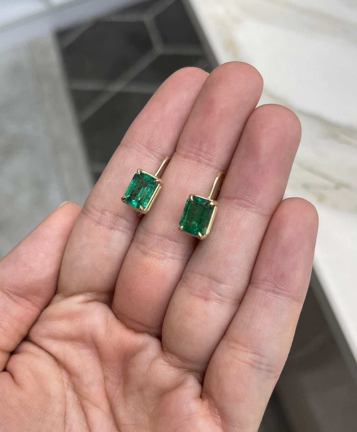 5.0tcw Vivid Top Green Emerald Cut Emerald Lever Back Earrings 14K gift
