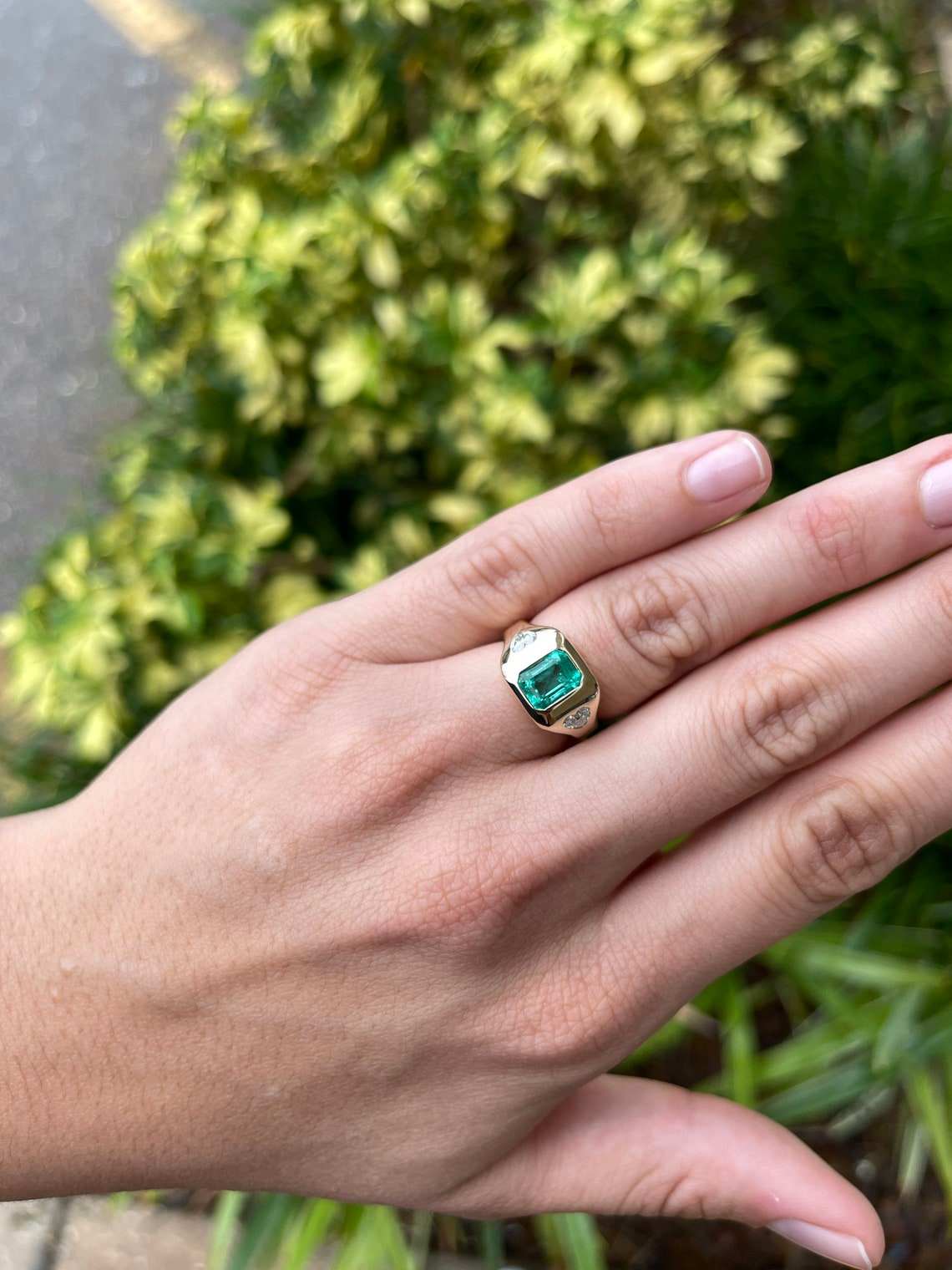 2.15tcw Three Stone Colombian Emerald & Heart Diamond Gypsy Ring 14K