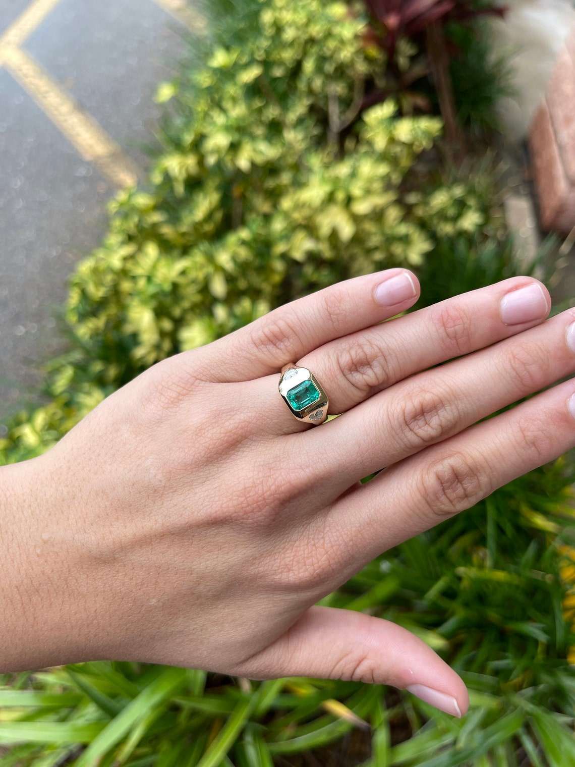 2.15tcw Three Stone Colombian Emerald & Heart Diamond Gypsy Ring 14K