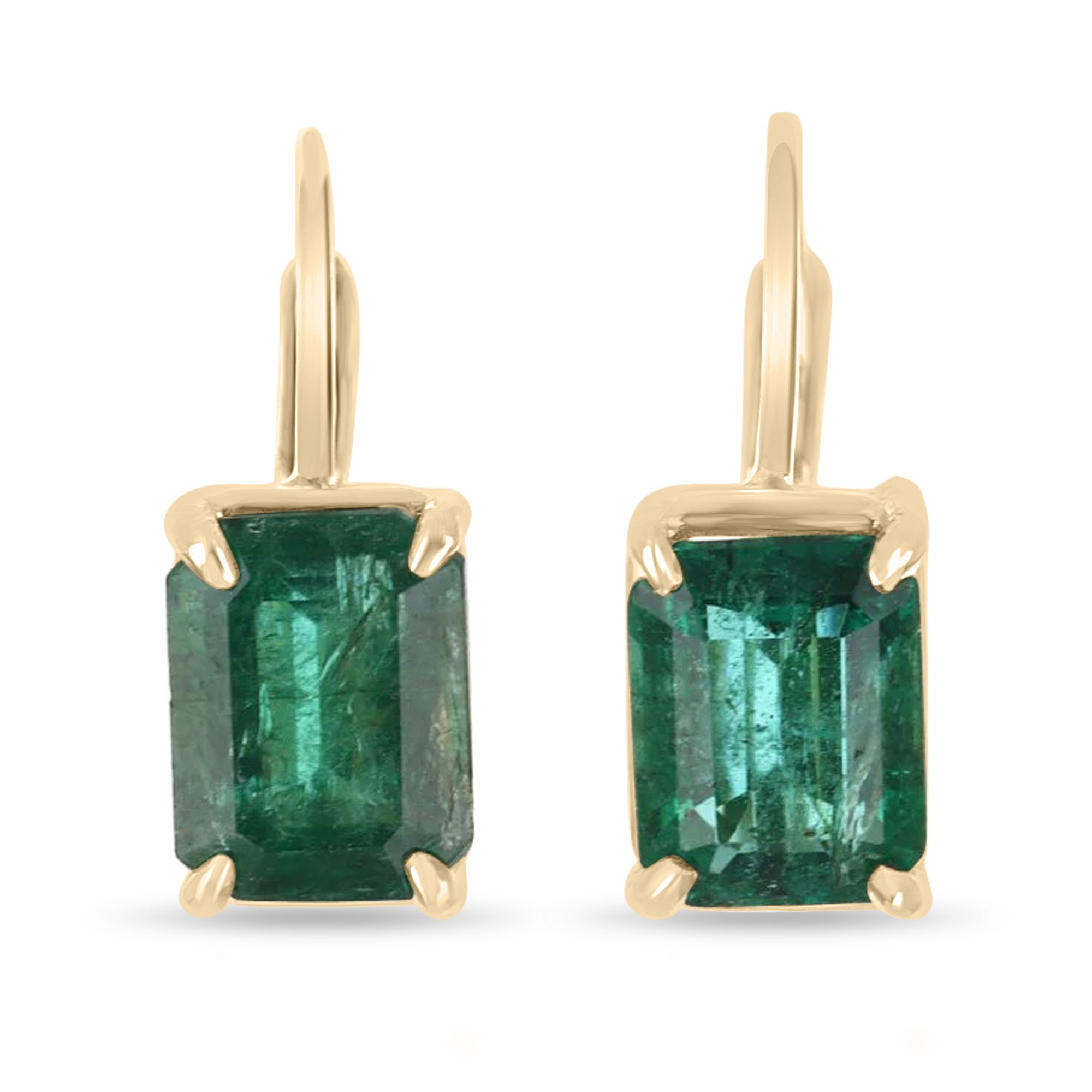 5.0tcw Vivid Dark Green High Grade Emerald-Emerald Cut Lever Back Earrings  18K