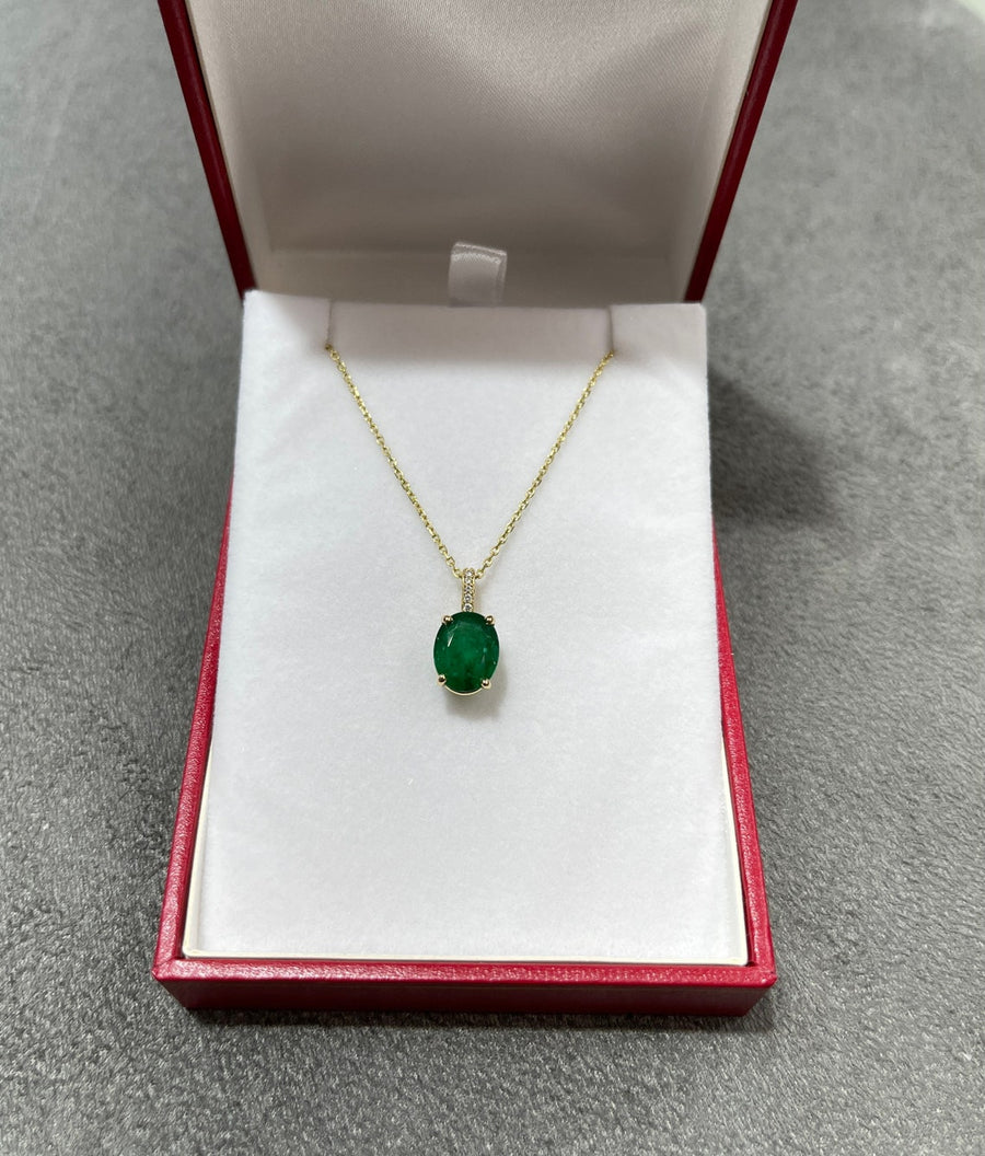 2.82tcw Deep Dark Green Natural Oval Cut Emerald & Diamond Pendant 18K