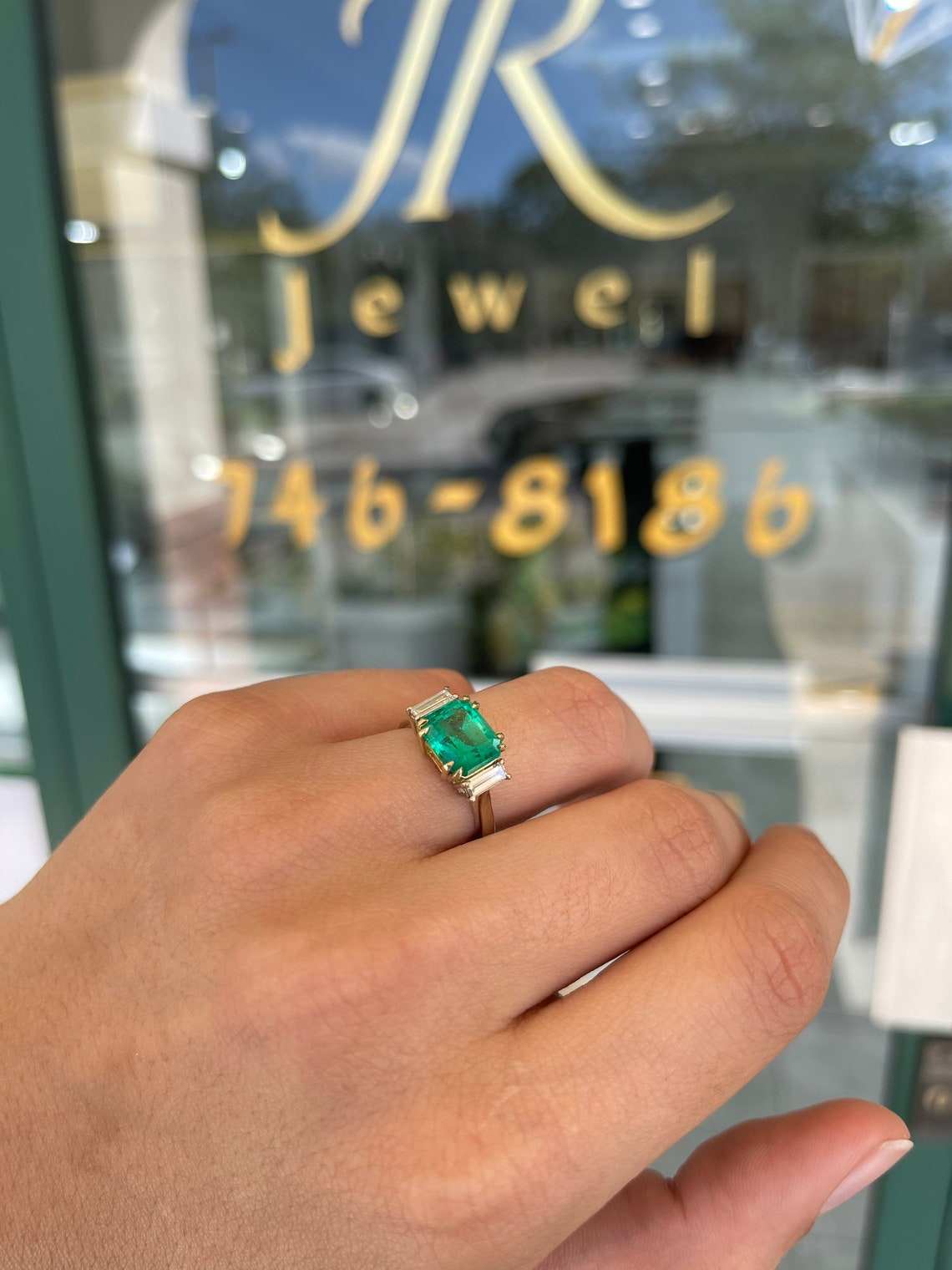 3.21tcw Three Stone Colombian Emerald & Diamond Baguette Two Toned Engagement Ring 18K