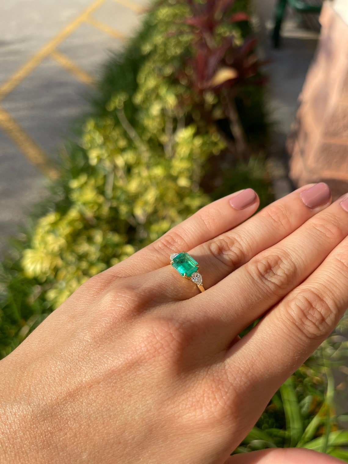 2.77tcw 18K Three Stone Emerald & Diamond Pear Cut Ring