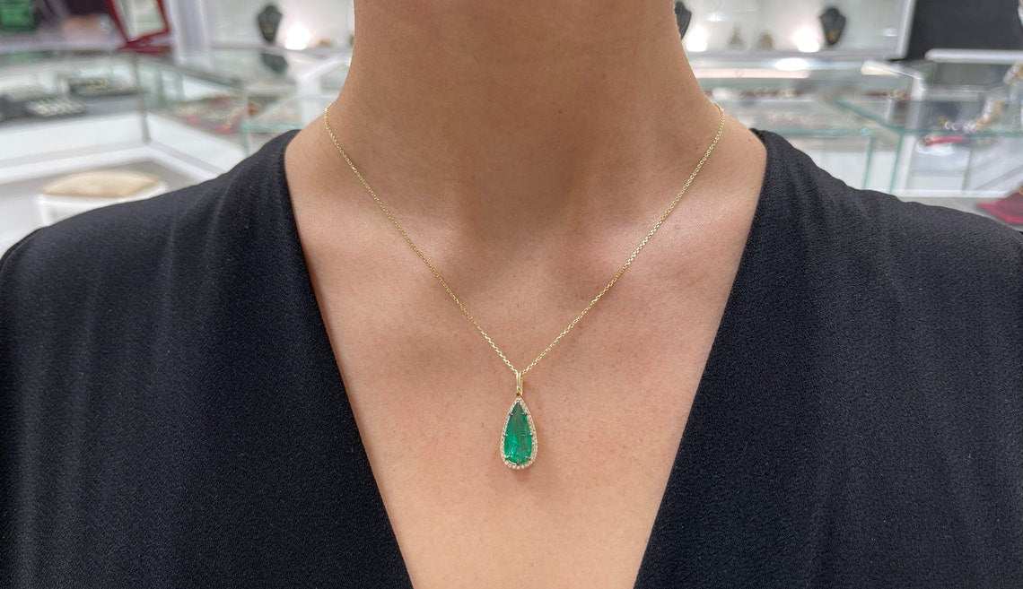 3.68tcw Natural Rich Emerald & Diamond Halo Tear Drop Pendant Yellow Gold 18K