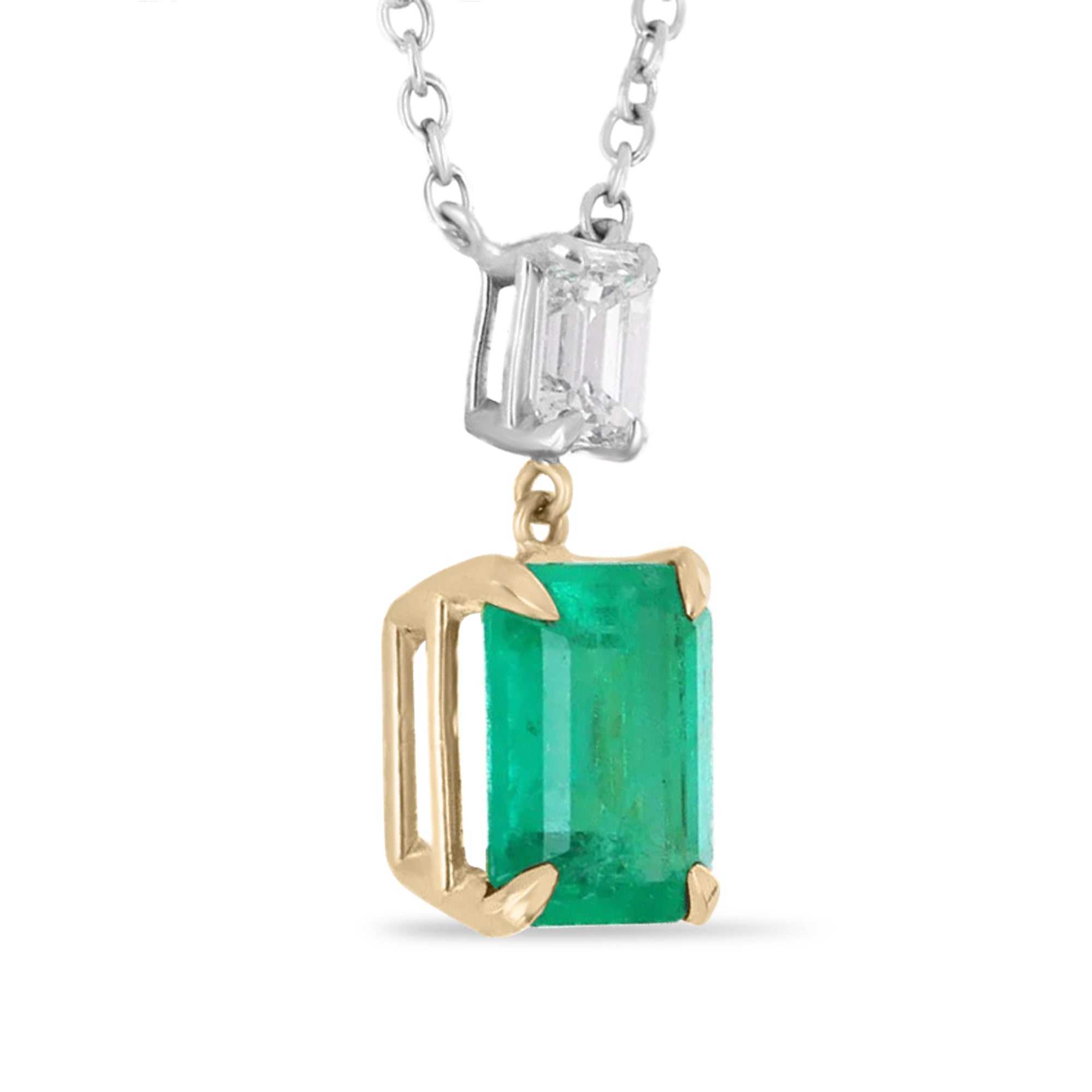 2.95tcw Emerald Cut Vivid Green Colombian Emerald & Emerald Cut Diamond Dangle Necklace 18K