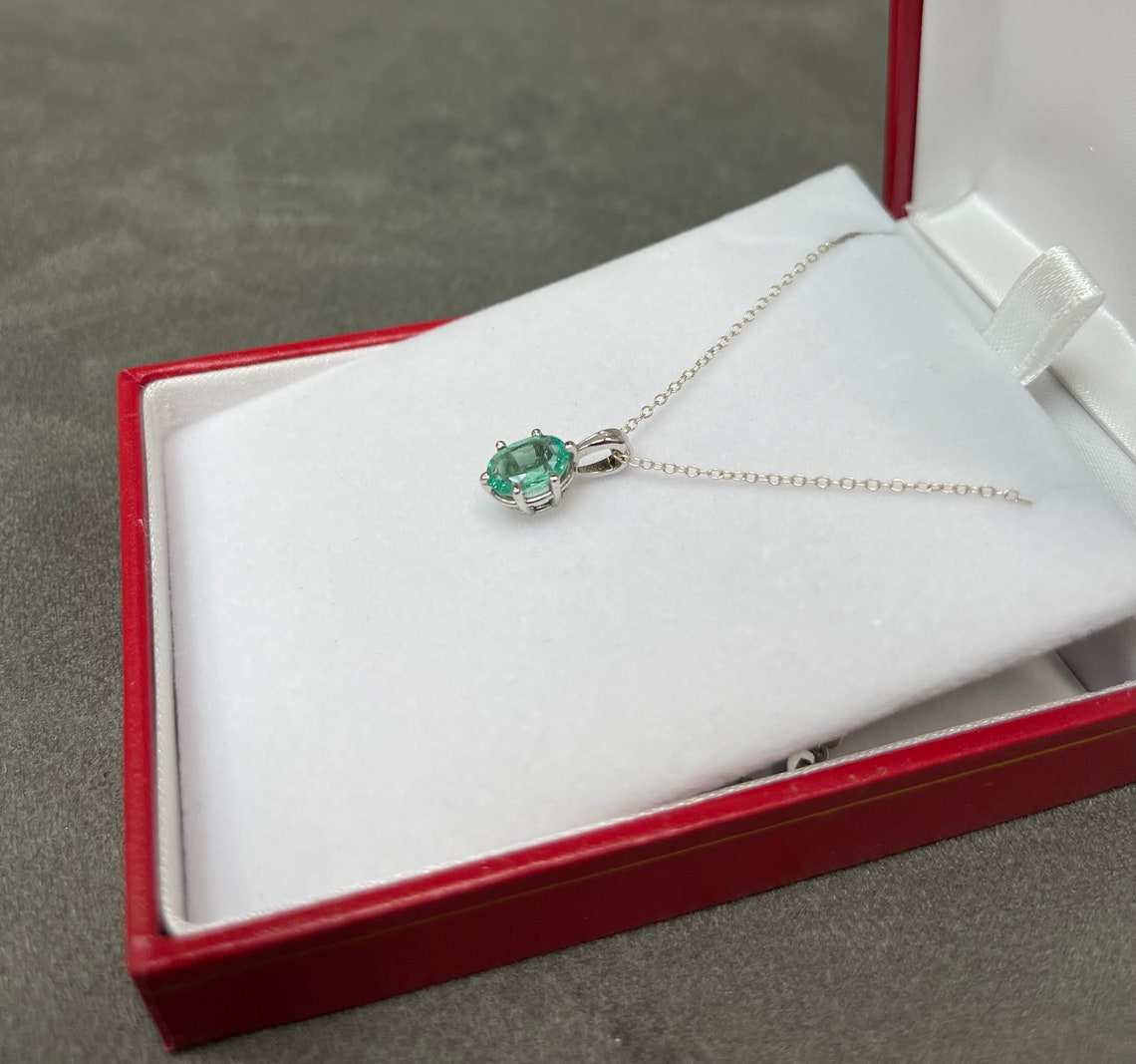 1.88 Carat Oval Cut Bright Green Colombian Emerald Six Prong Pendant 14K