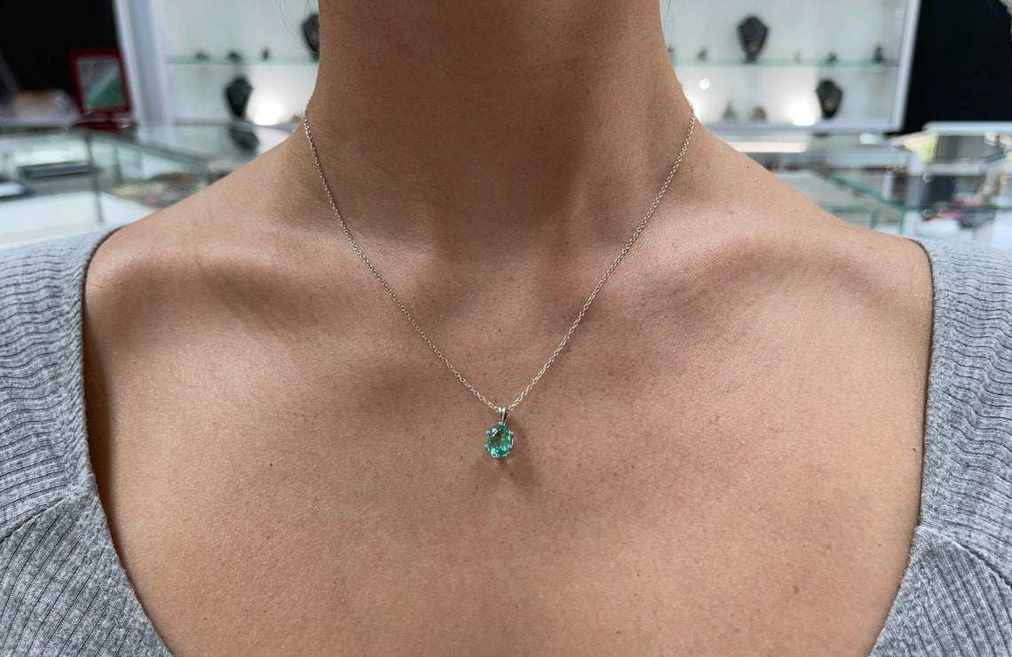 1.88 Carat Oval Cut Bright Green Colombian Emerald Six Prong Pendant 14K