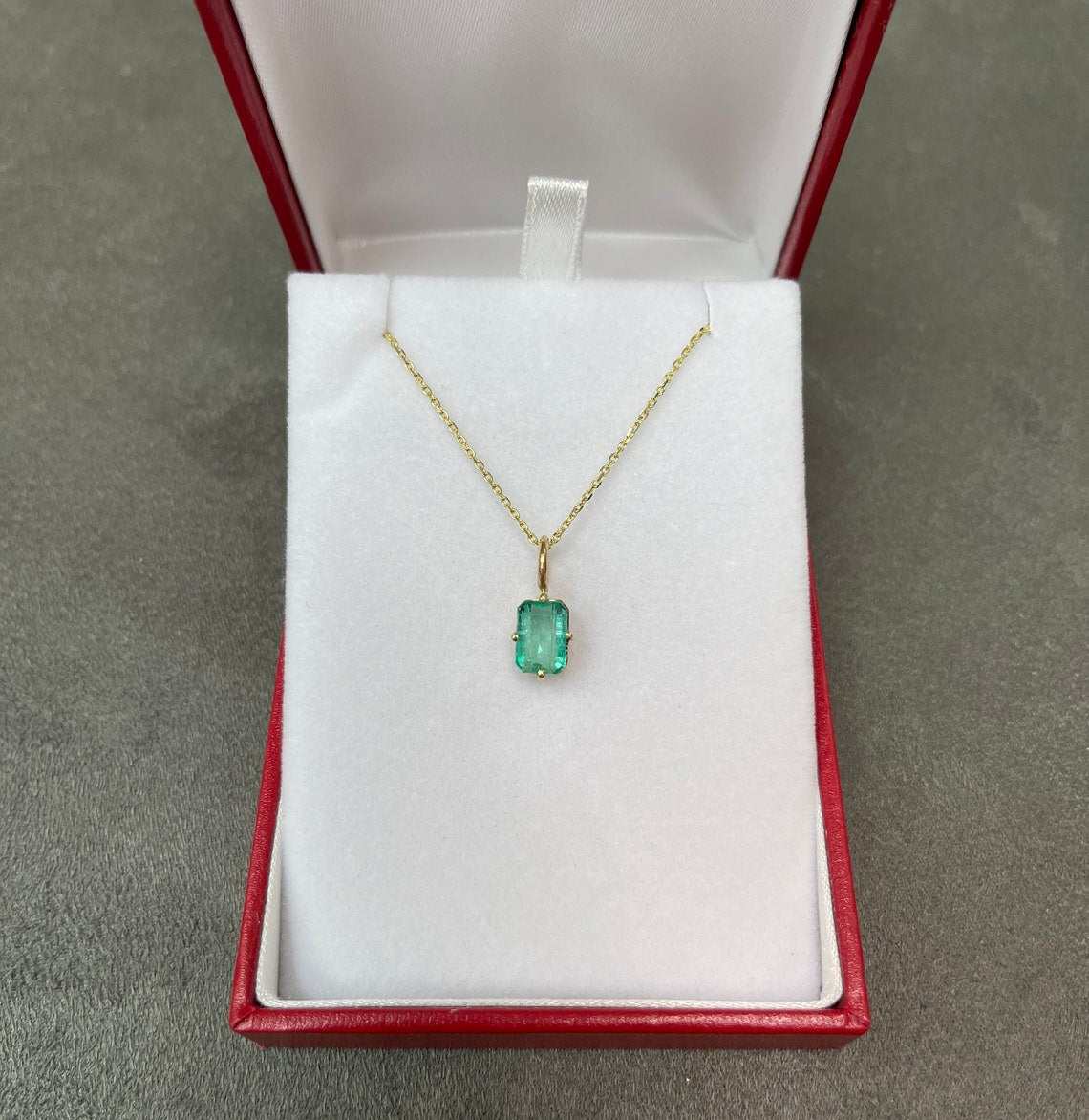 2.0 Carat Emerald Cut Colombian Emerald Solitaire Compass Prong Pendant Yellow Gold 14K
