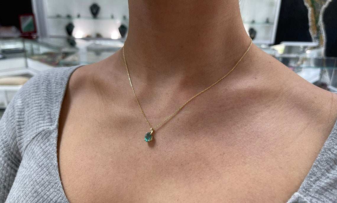 1.15 Carat Natural Bluish Green Oval Cut Emerald Solitaire Pendant 14K