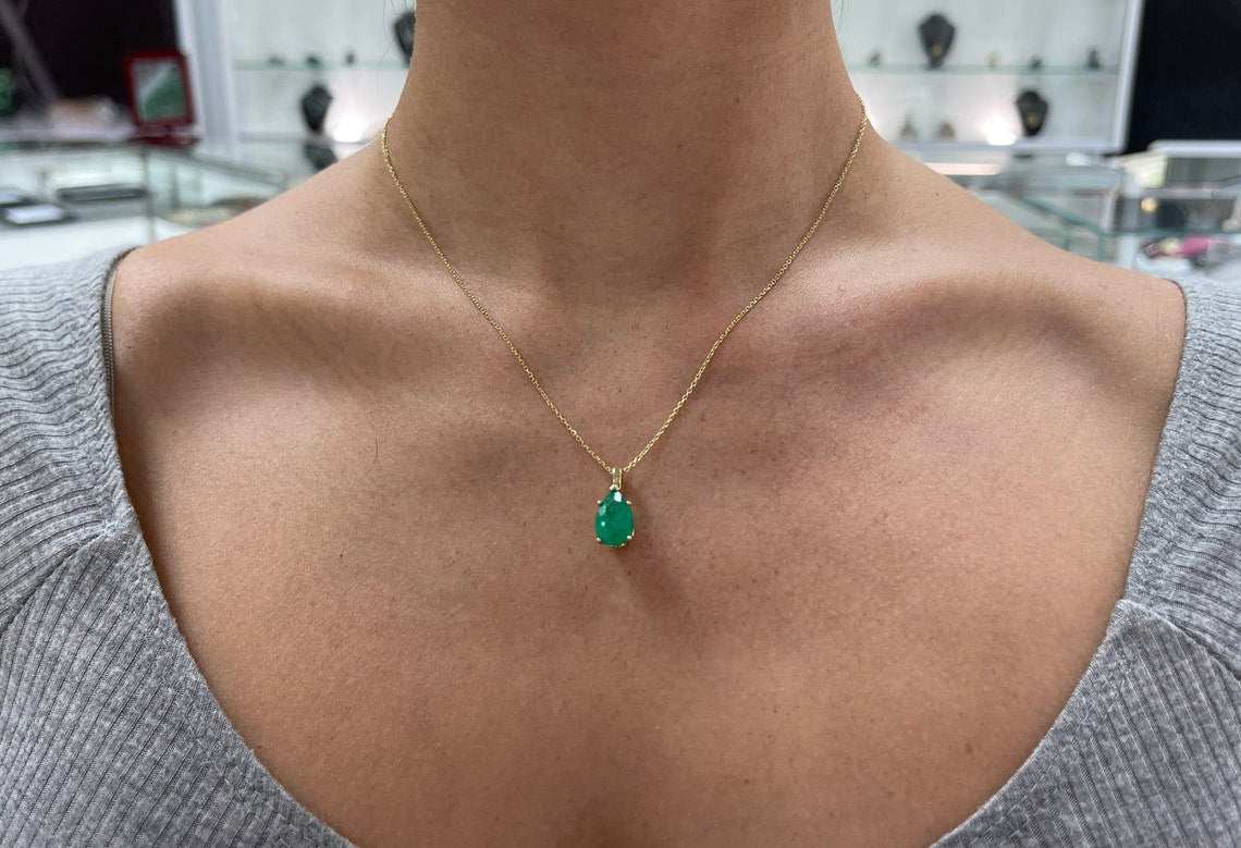 3.09 Carat Medium Green Colombian Emerald Pear Solitaire 14K