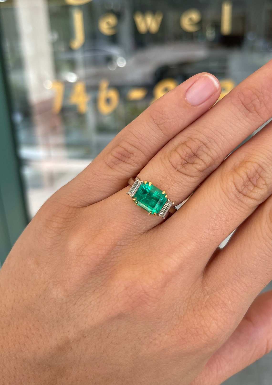 3.21tcw Three Stone Colombian Emerald & Diamond Baguette Two Toned Engagement Ring 18K