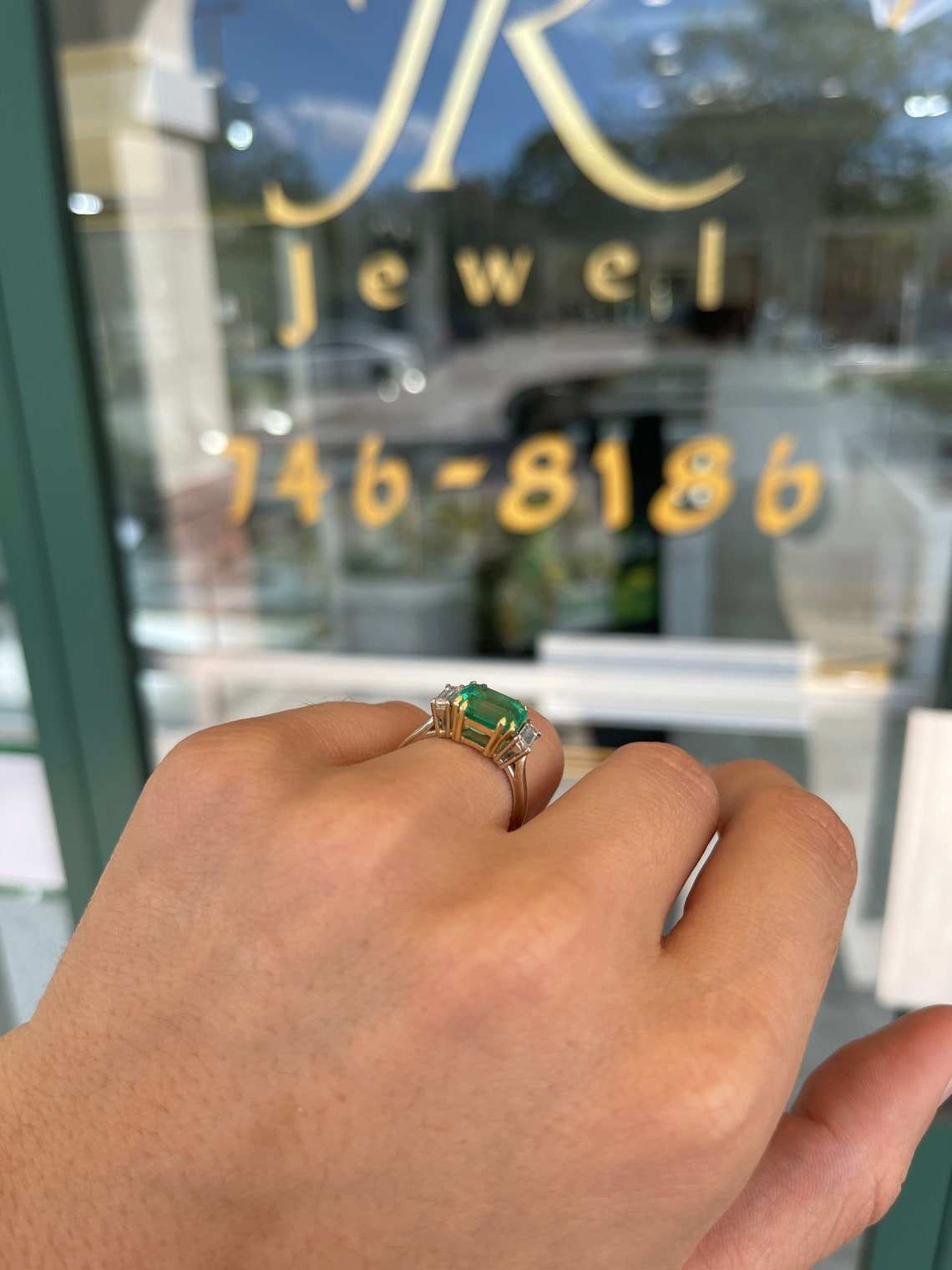 3.21tcw Three Stone Colombian Emerald & Diamond Baguette Two Toned Engagement Ring 18K