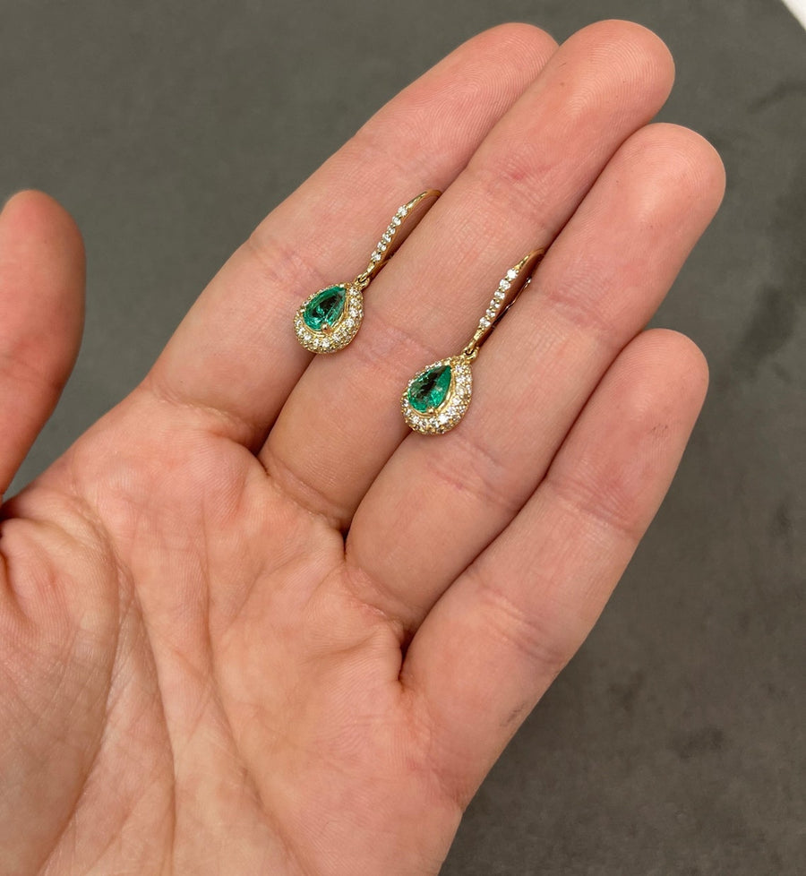 14K Colombian Emerald & Pave Diamond Teardrop Lever Back Earrings solid gold gift