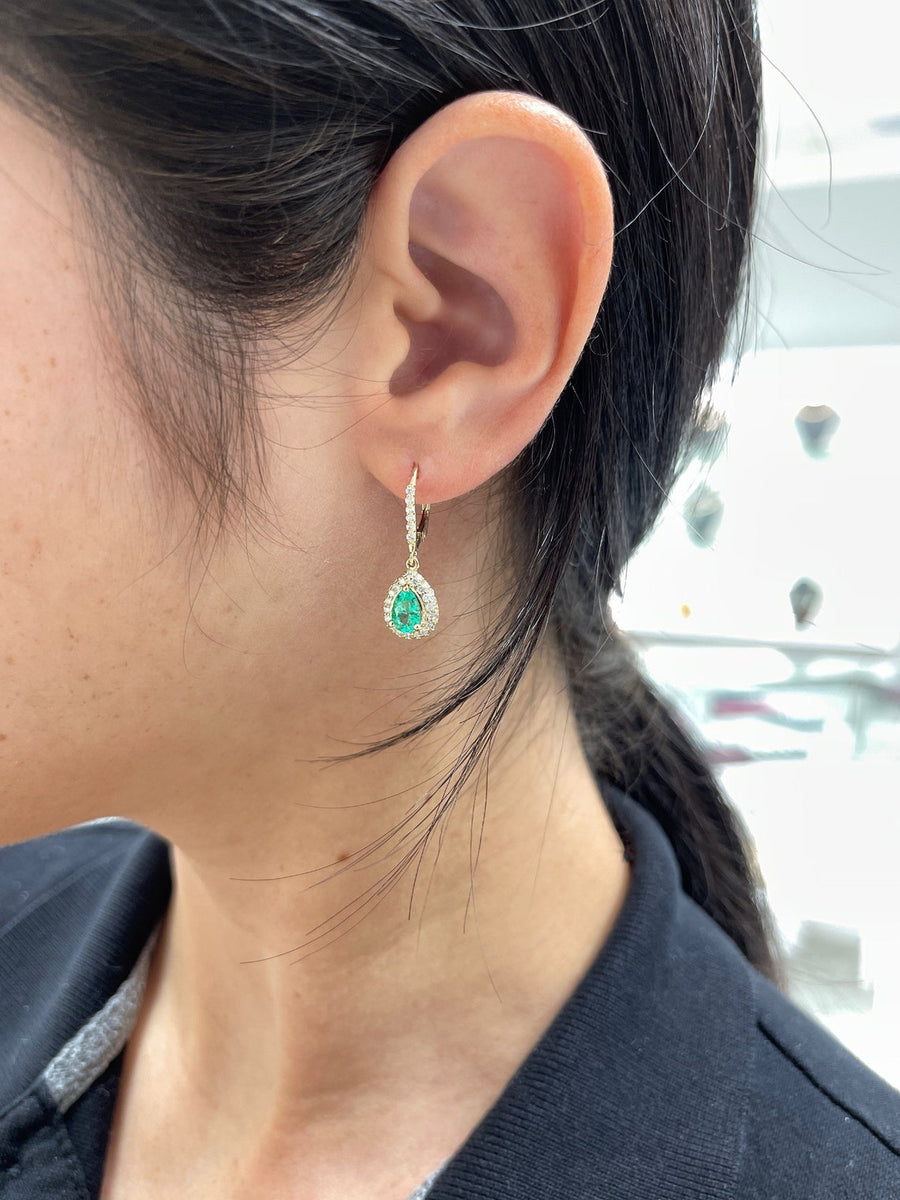 Emerald & Pave Diamond Teardrop Lever Back Earrings 14K for women