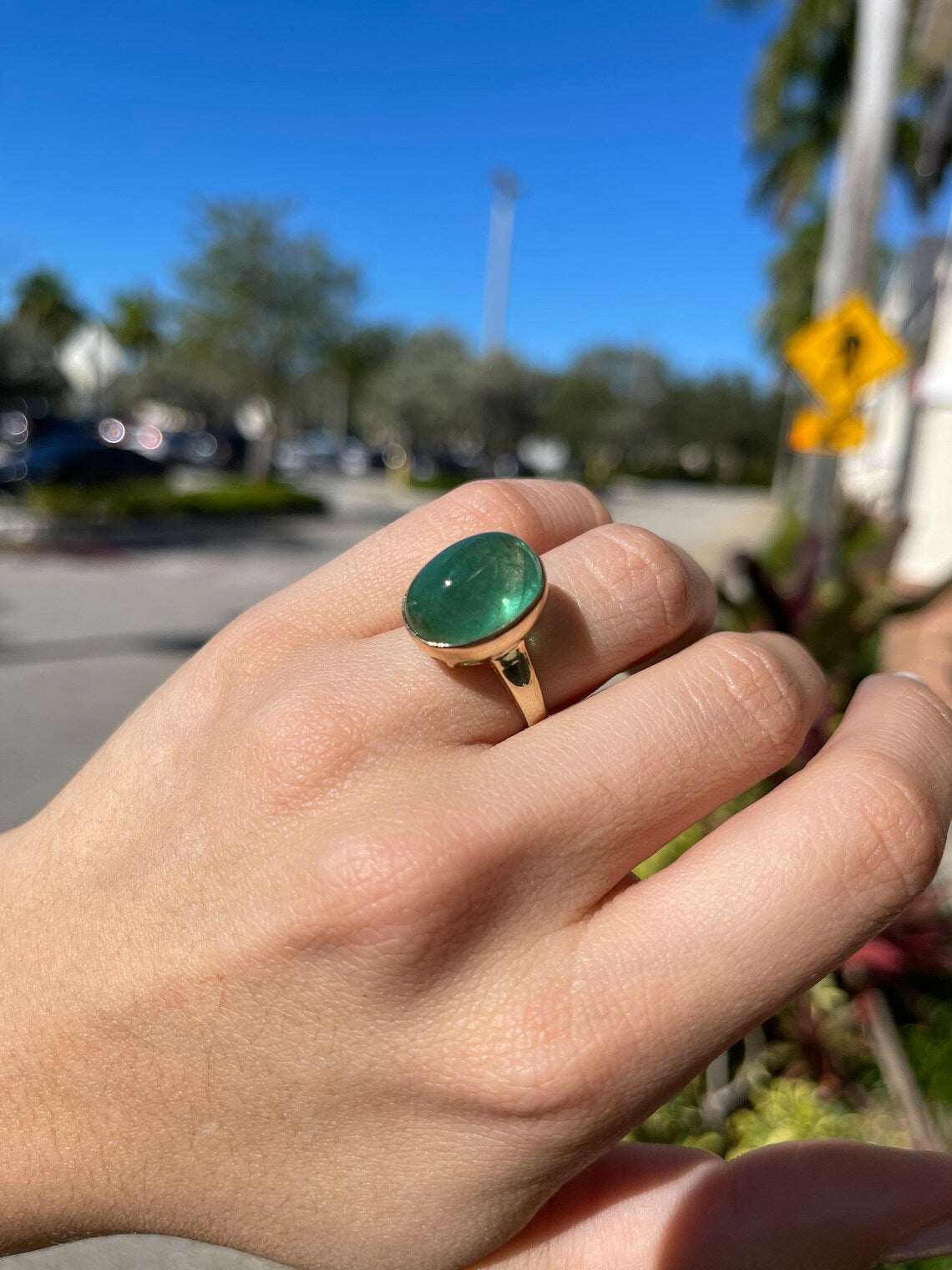 16.37 Carat Large Deep Green Cabochon Emerald Solitaire Bezel Ring 14K