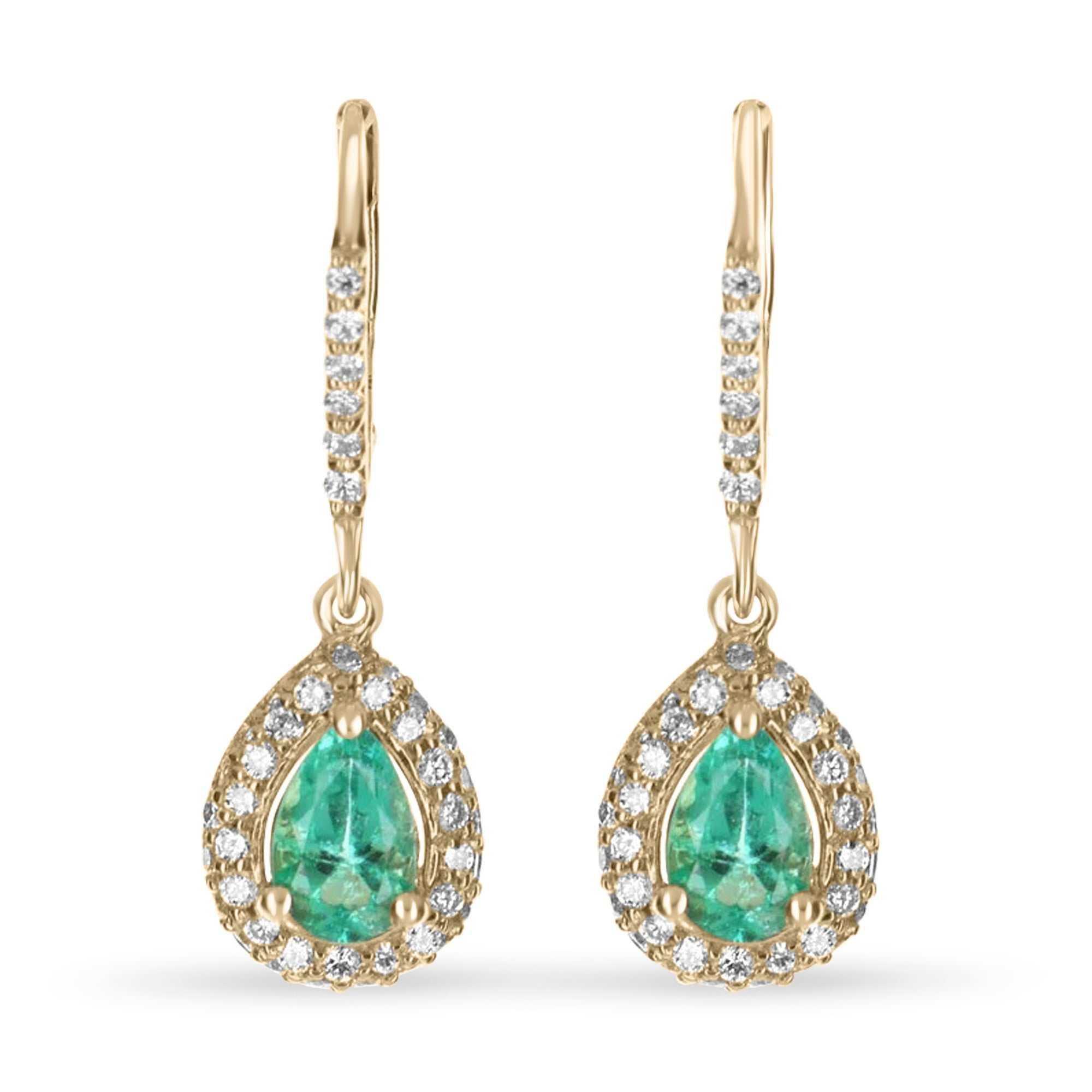 2.50tcw Colombian Emerald & Pave Diamond Teardrop Lever Back Dangle Earrings 14K - JR Colombian Emeralds