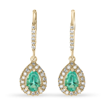2.50tcw Colombian Emerald & Pave Diamond Teardrop Lever Back Dangle Earrings 14K