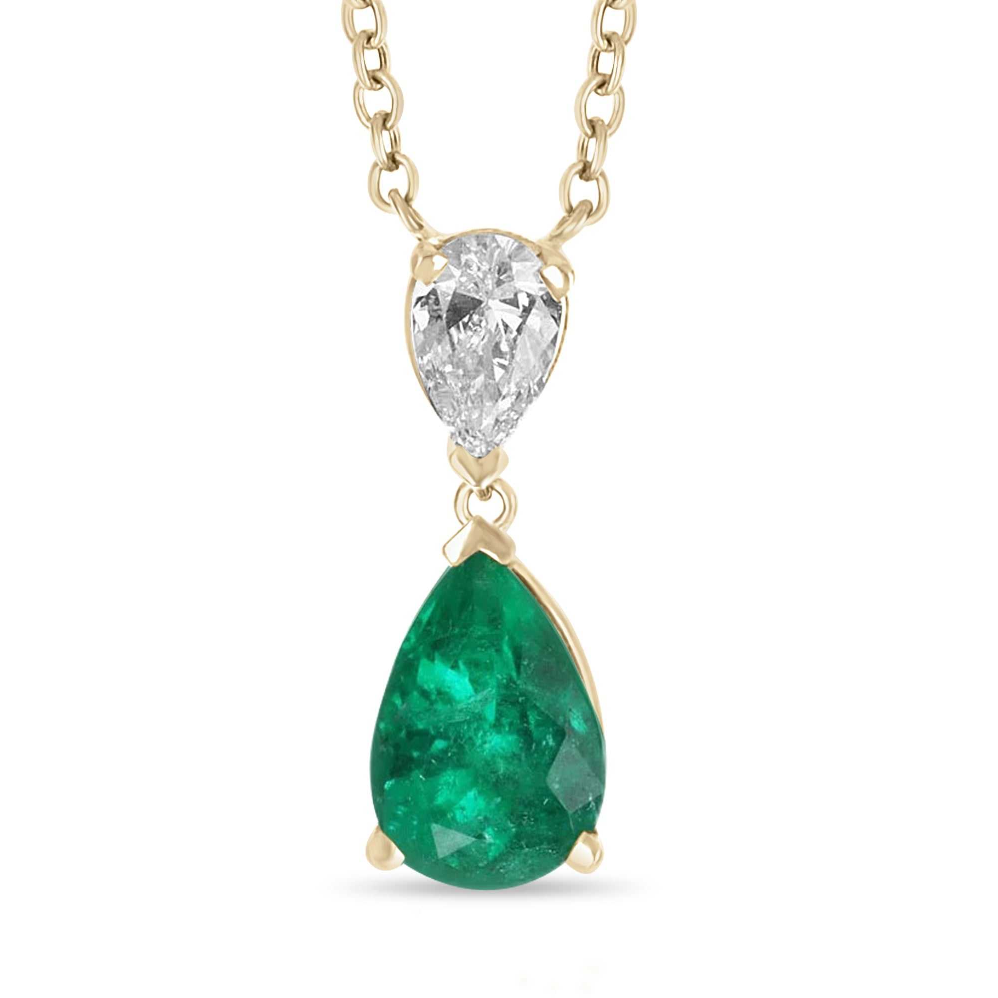 18K yellow gold Colombian emerald and diamond teardrop pear dangle necklace with 2.12ct emerald and 0.46ct diamond on 18-inch cable chain
