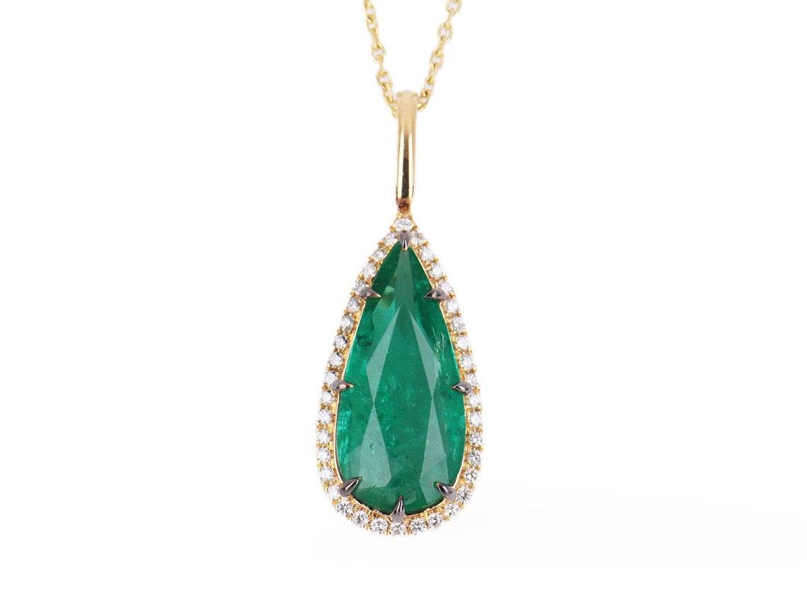 3.68tcw Natural Rich Emerald & Diamond Halo Tear Drop Pendant Yellow Gold 18K