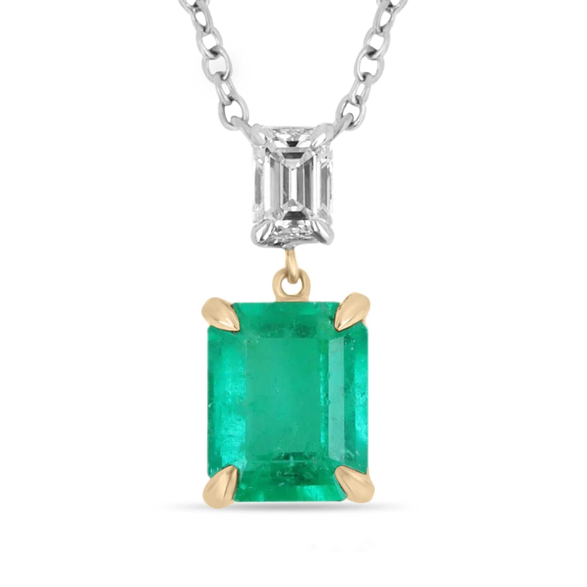 2.95tcw Emerald Cut Vivid Green Colombian Emerald and Diamond Necklace in 18K Gold