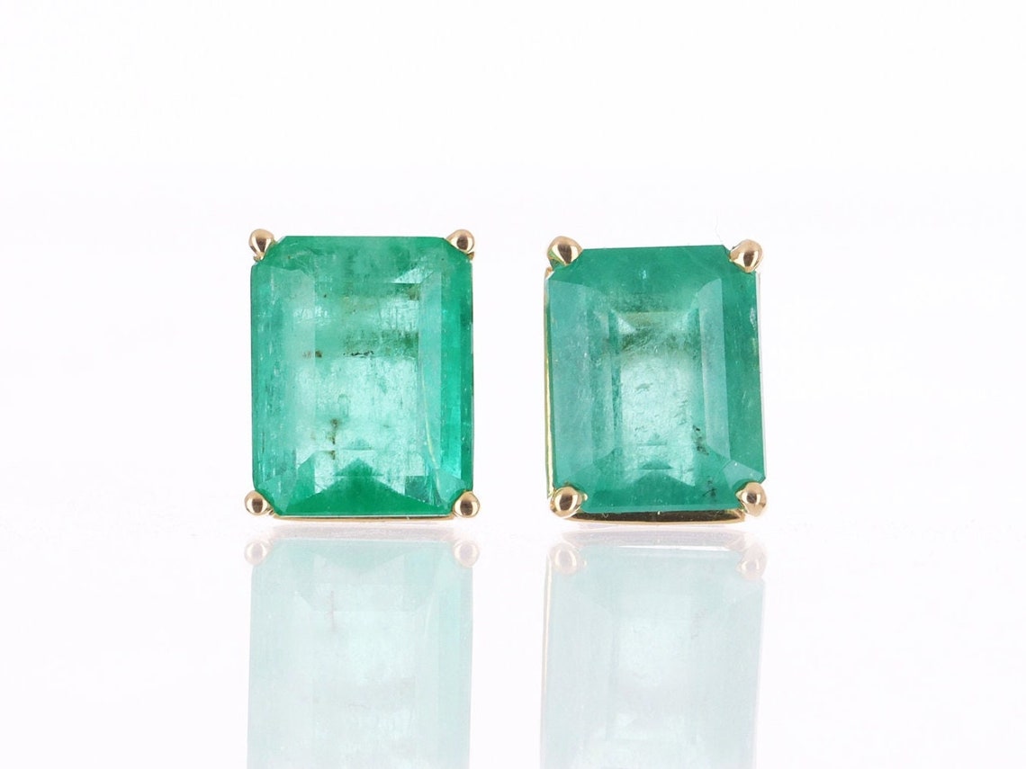 6.0tcw 14K Colombian Emerald-Emerald Cut Stud Earrings - JR Colombian Emeralds