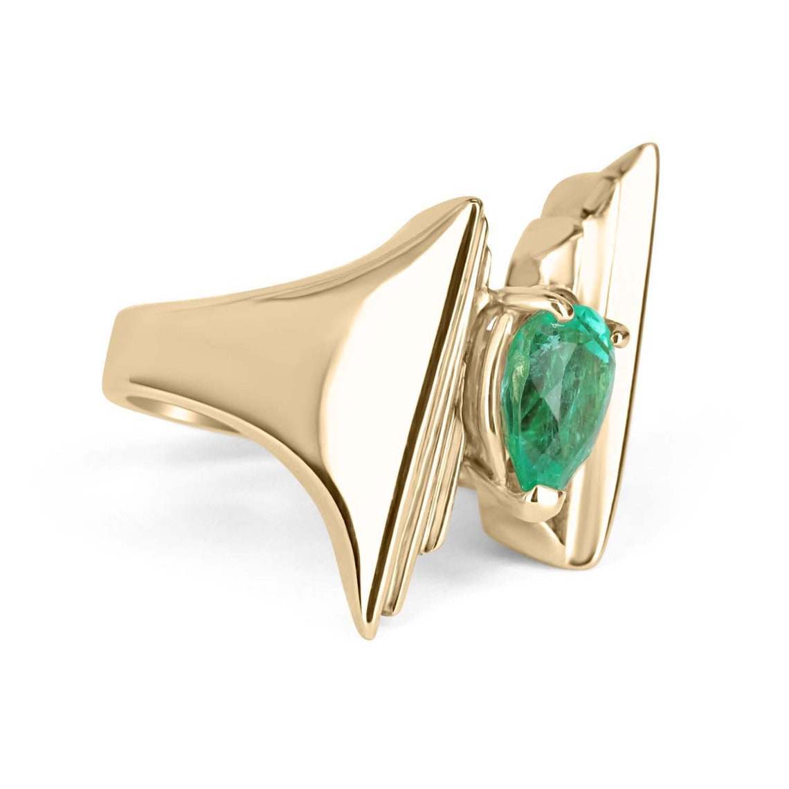 Retro 2.80 ct Pear Emerald Solitaire Statement Ring Gold 14K