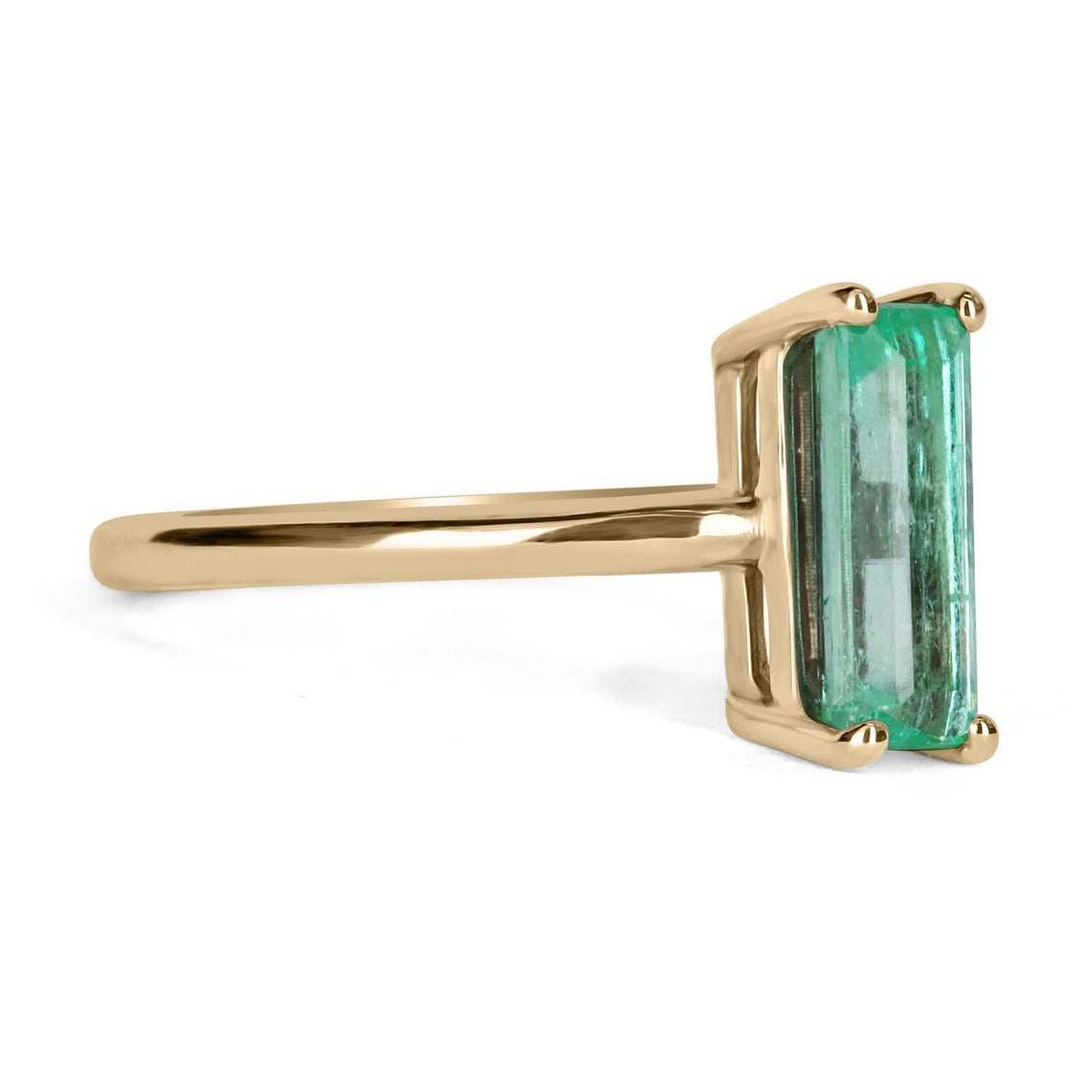 Elongated Emerald Cut Colombian Emerald 1.90cts Solitaire 14K Gold Four Prong Ring